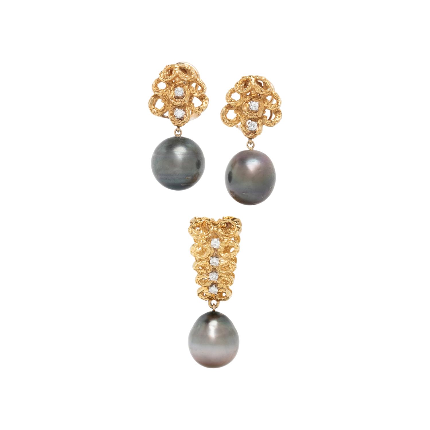 YELLOW GOLD, CULTURED BLACK PEARL, AND DIAMOND PENDANT AND EARRINGS