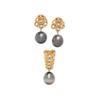 YELLOW GOLD, CULTURED BLACK PEARL, AND DIAMOND PENDANT AND EARRINGS