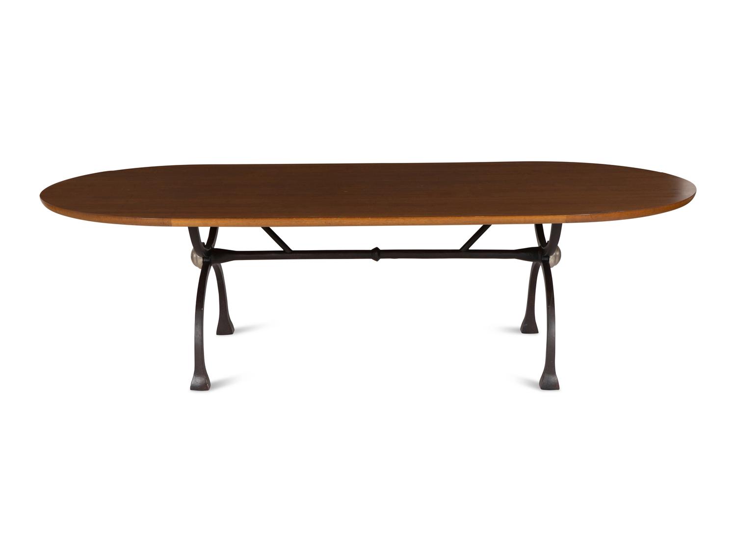 A Contemporary Curule-Form Wrought Iron Dining Table with Oak Top