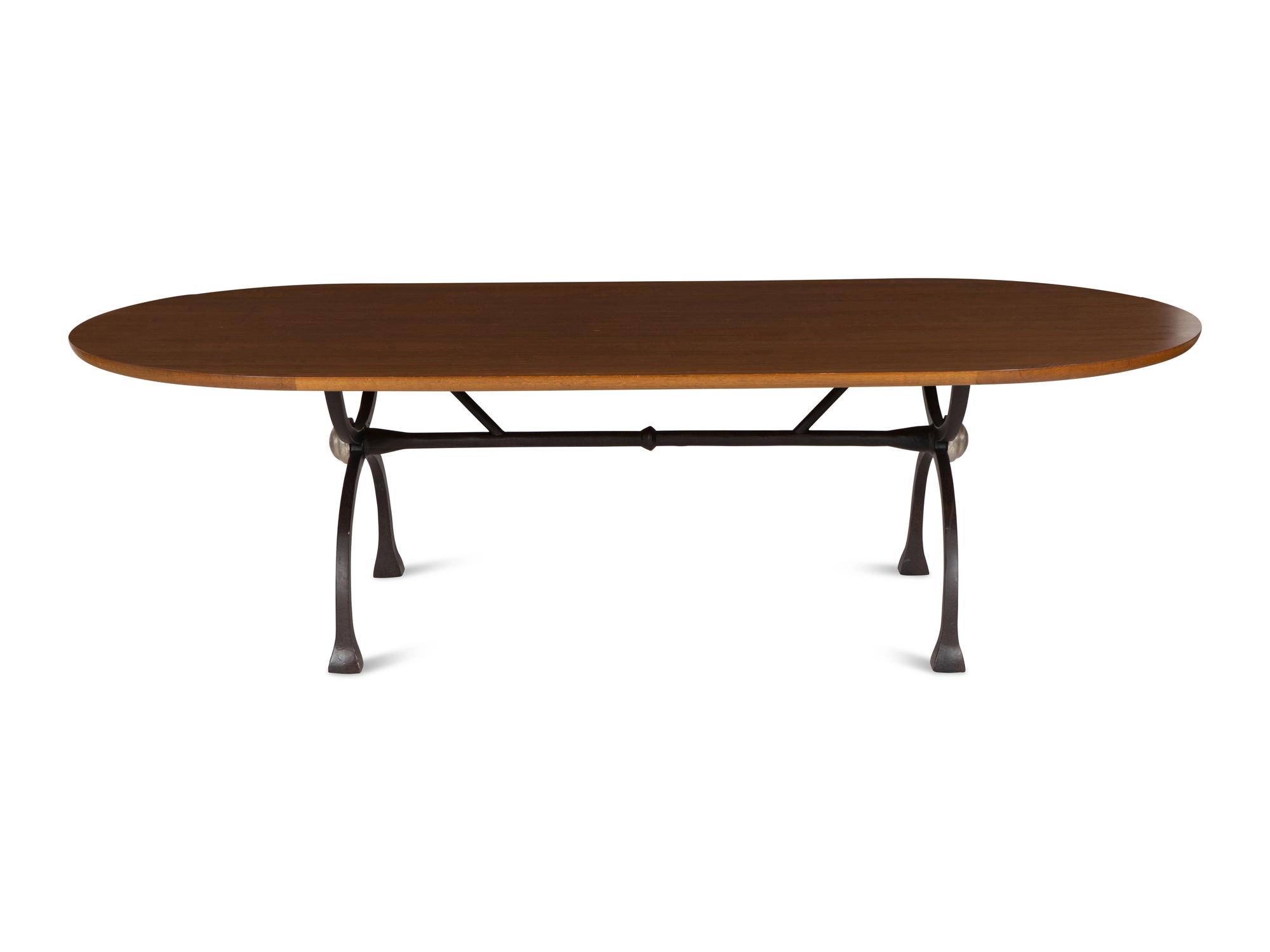 A Contemporary Curule-Form Wrought Iron Dining Table with Oak Top