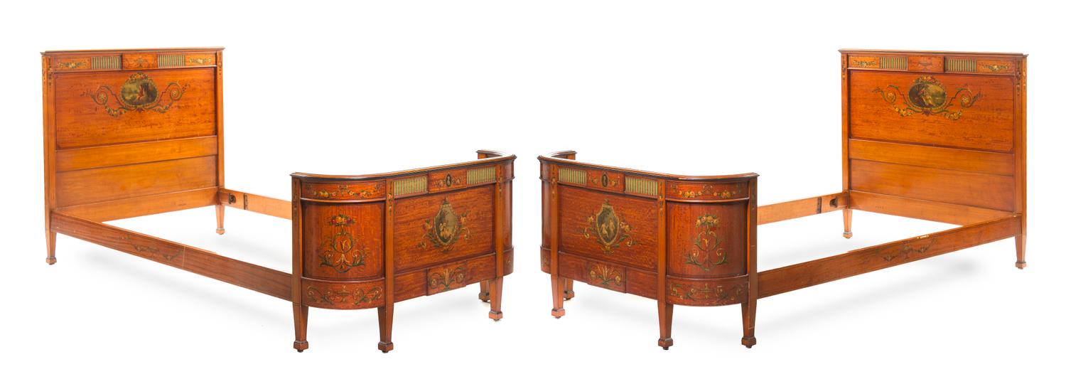 A Pair of Edwardian Satinwood Twin Beds, Length of headboard 40 1/2 inches.
