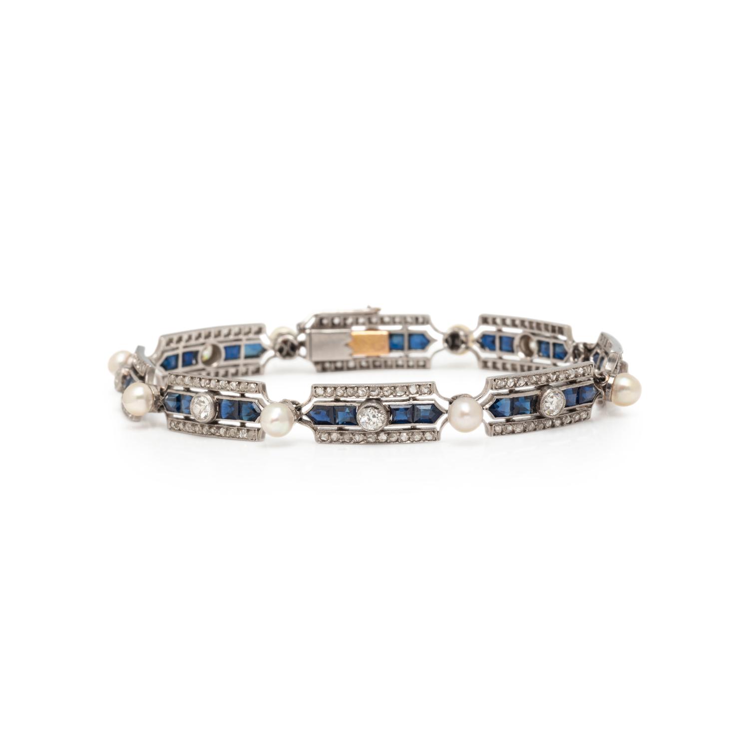 FRENCH, ANTIQUE, PLATINUM, CULTURED PEARL, DIAMOND, AND SAPPHIRE BRACELET