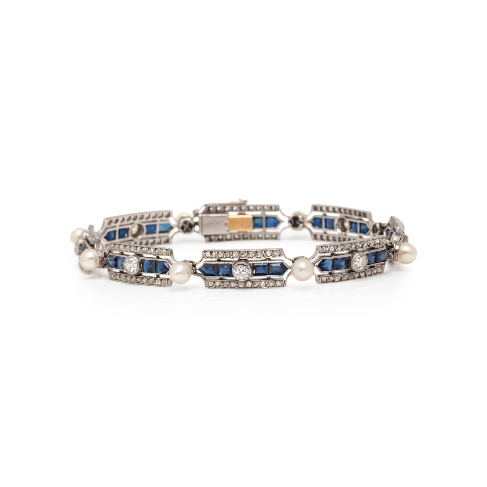 FRENCH, ANTIQUE, PLATINUM, CULTURED PEARL, DIAMOND, AND SAPPHIRE BRACELET