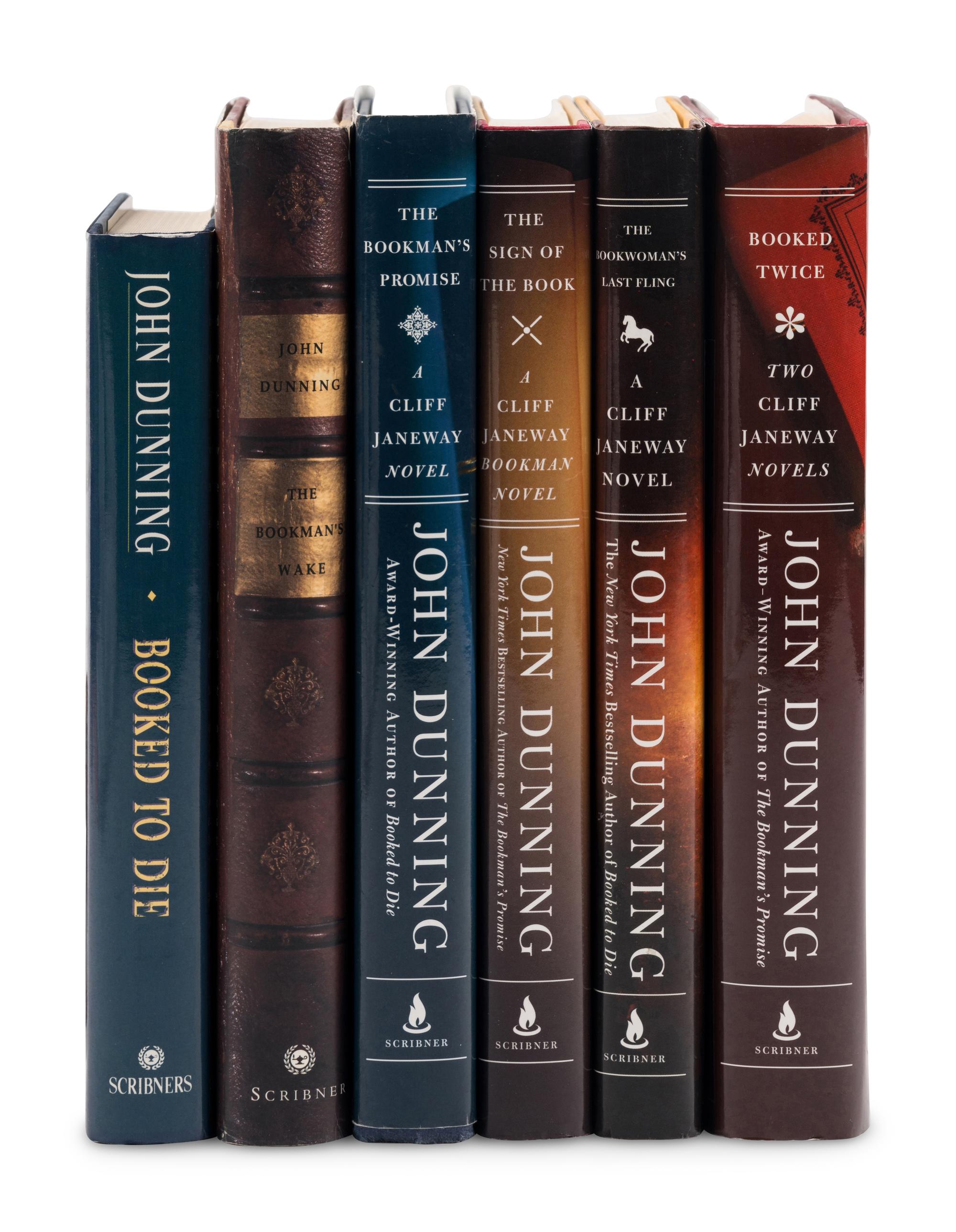 DUNNING, John (1942-2023). [The Cliff Janeway Series]. Booked to Die . 1992. -- The Bookman's Wake . 1995. -- The Bookman's Promise . 2004. -- The Sign of the Book . 2005. -- The Bookwoman's Last Fling . 2006. All New York: Scribner.