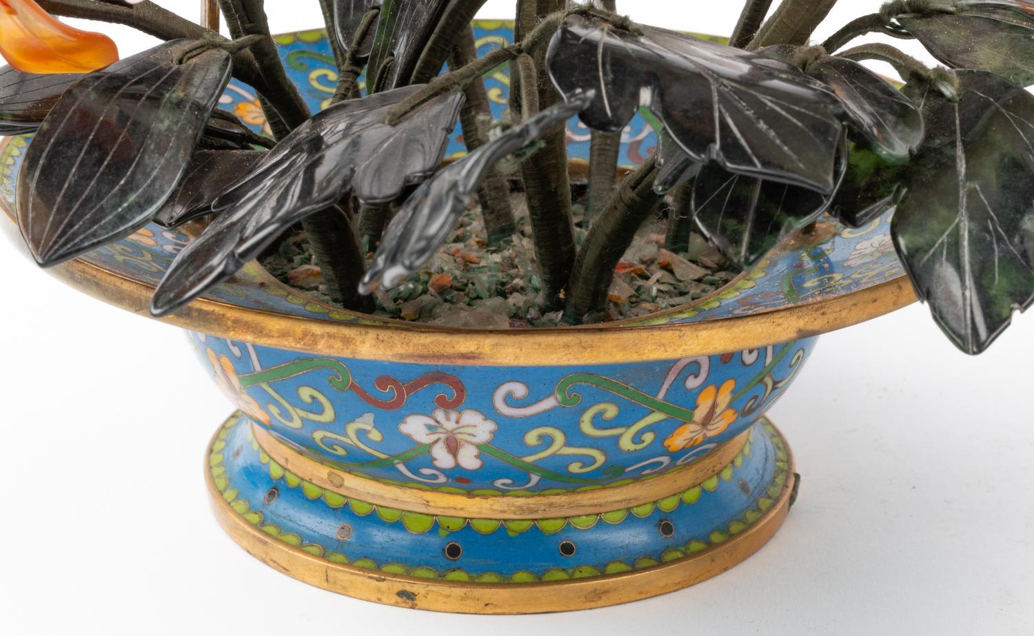 A Pair of Chinese Export Carved Hardstone Models of Flowering Bushes in Cloisonné Baskets