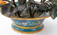 A Pair of Chinese Export Carved Hardstone Models of Flowering Bushes in Cloisonné Baskets