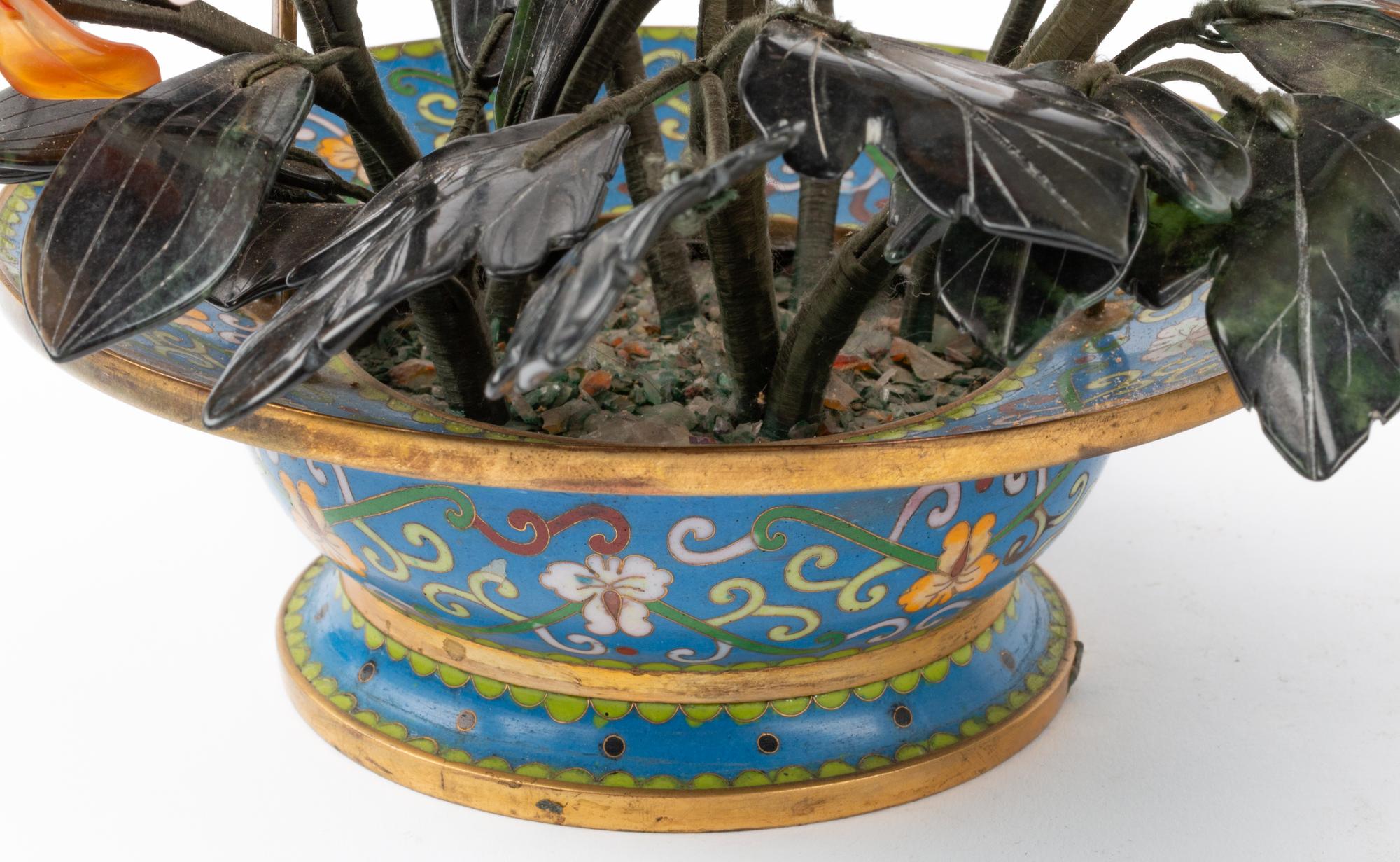 A Pair of Chinese Export Carved Hardstone Models of Flowering Bushes in Cloisonné Baskets