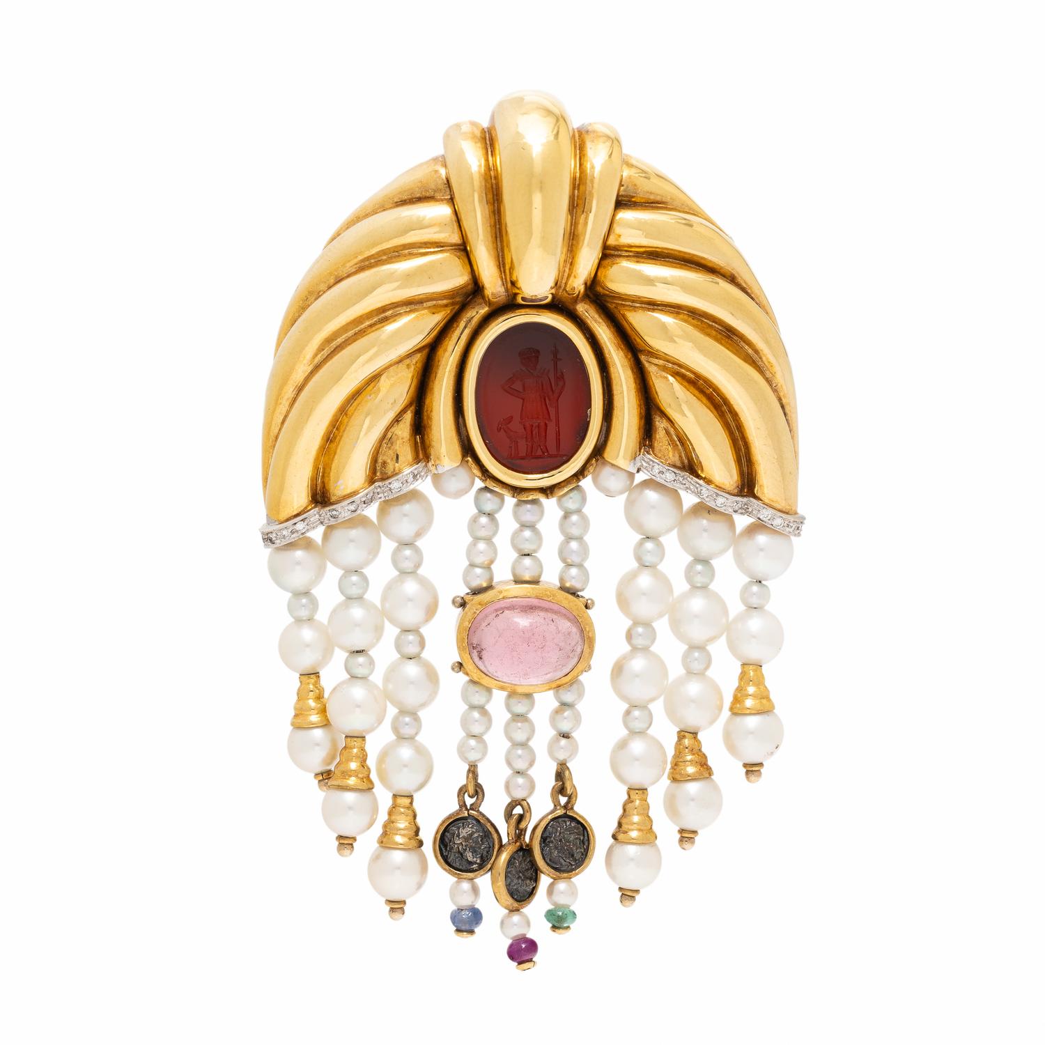 Cultured Pearl, Multigem, and Yellow Gold Brooch