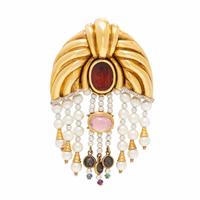 Cultured Pearl, Multigem, and Yellow Gold Brooch