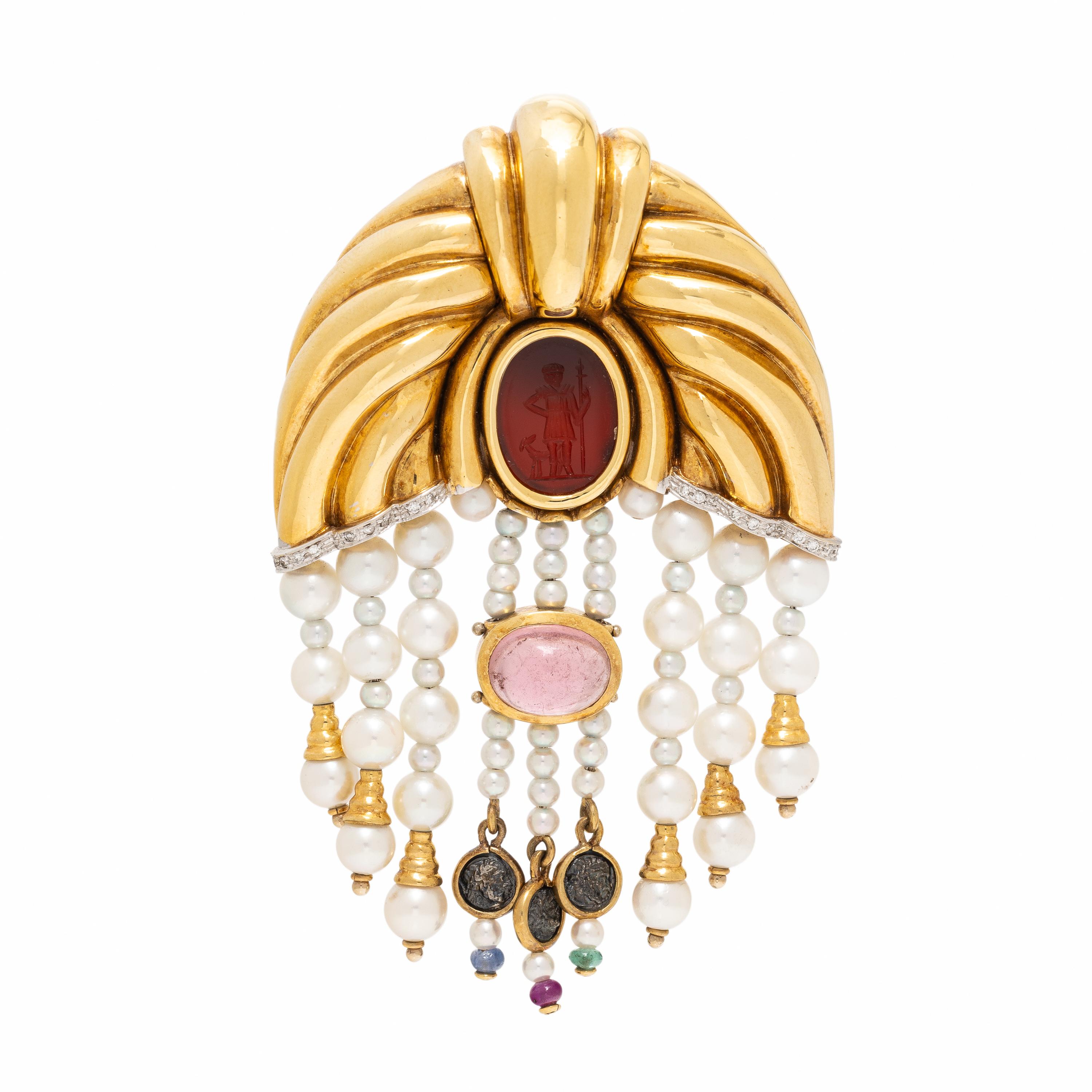 Cultured Pearl, Multigem, and Yellow Gold Brooch