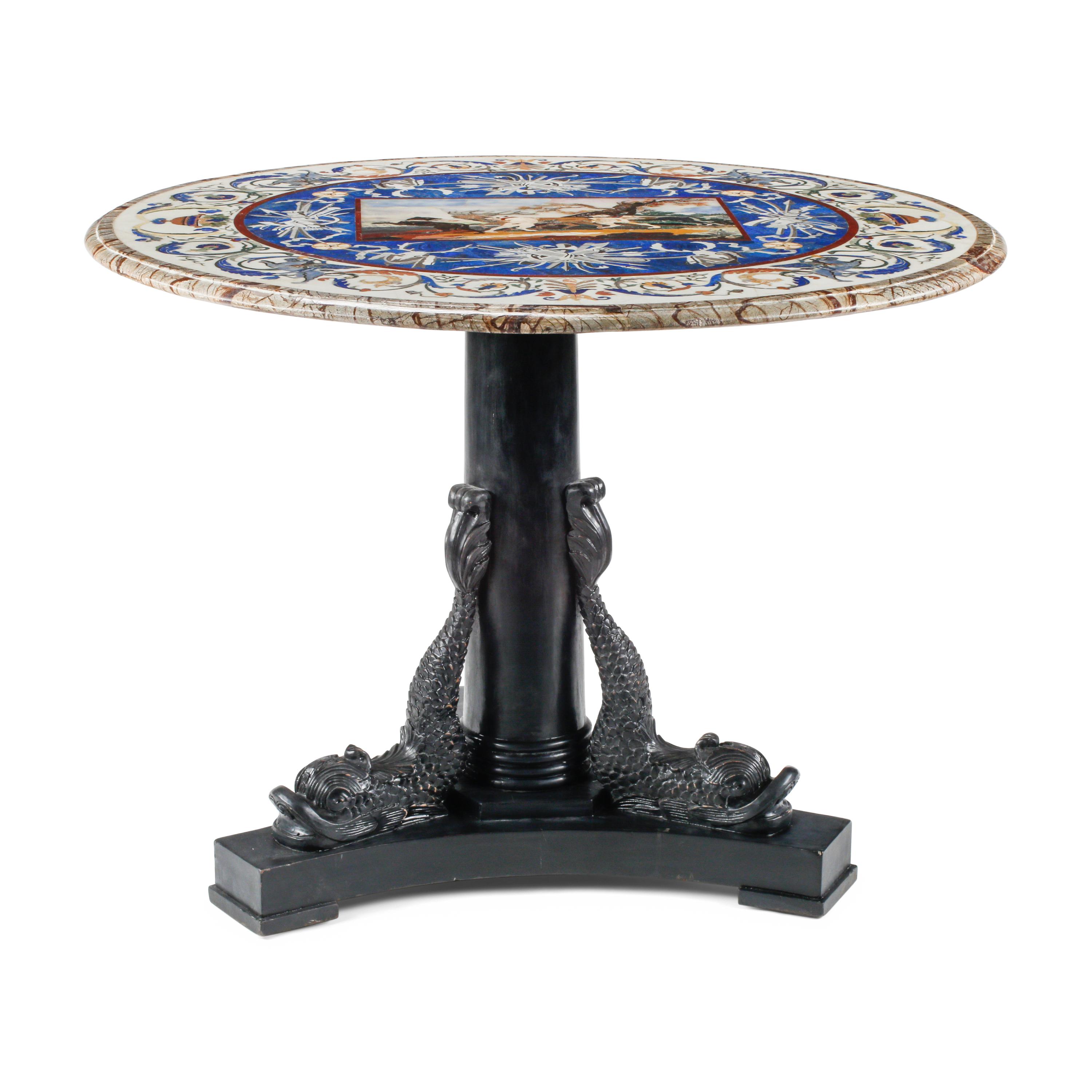 A Neoclassical Style Ebonized Wood and Pietra Dura Top Table