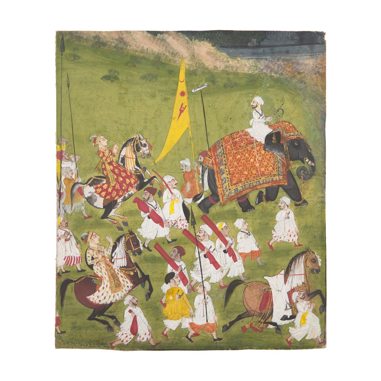 A Portrait Painting of a Royal Procession with Two Equestrian Princes, Rajasthan, Mewar, First Half of 18th Century