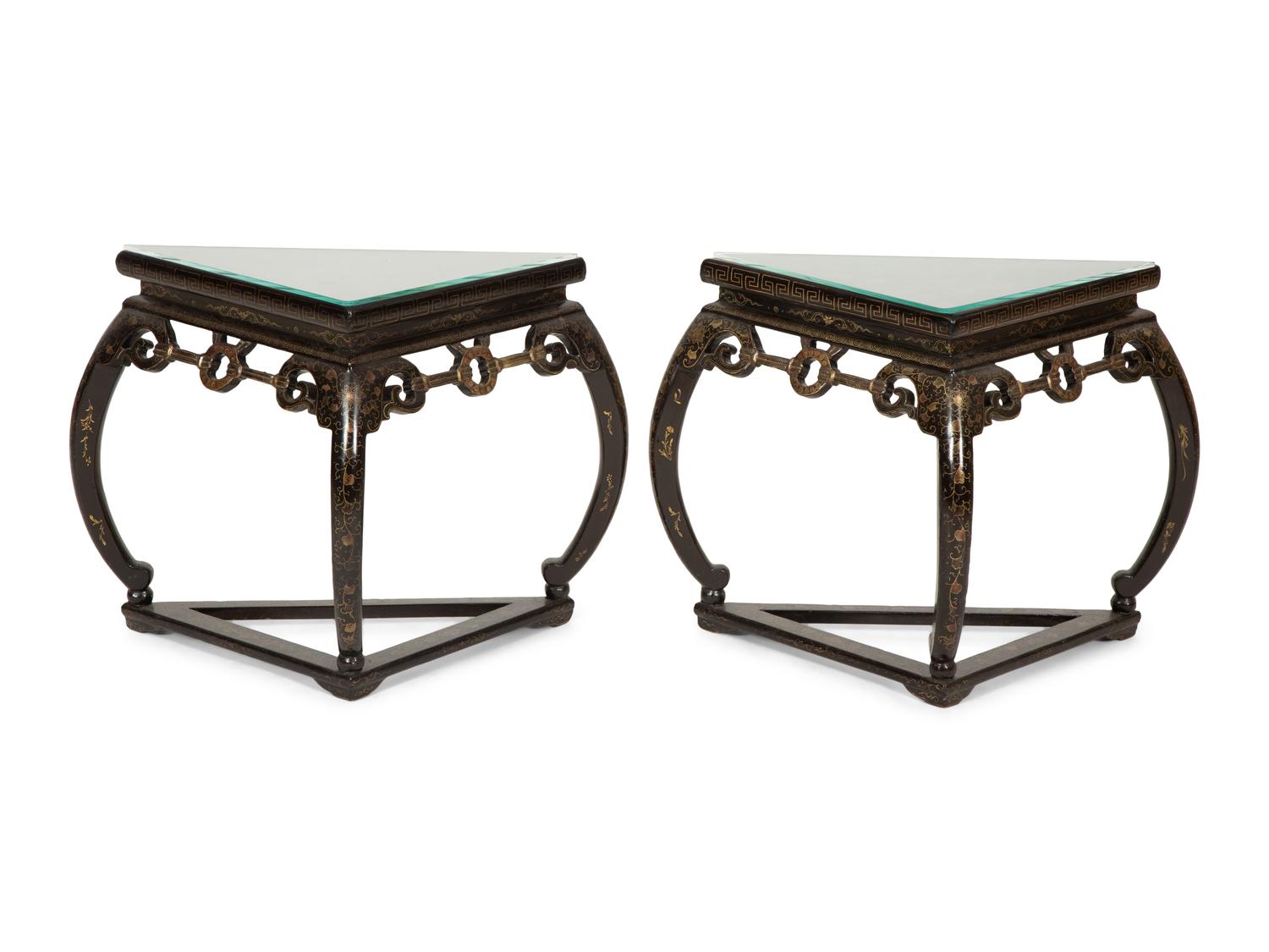 A Pair of Chinese Black and Gilt Lacquer Corner Tables