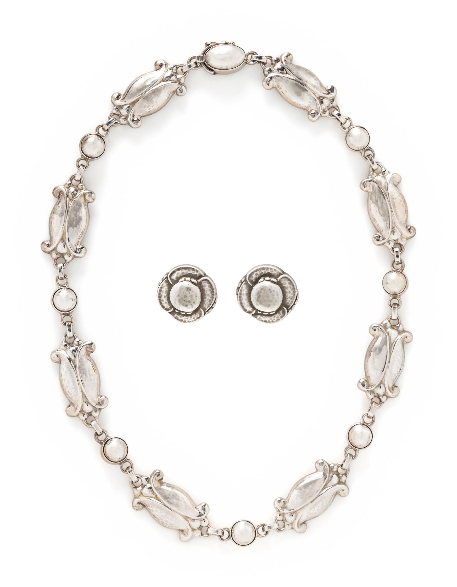 GEORG JENSEN, STERLING SILVER NECKLACE AND CLIP EARRINGS
