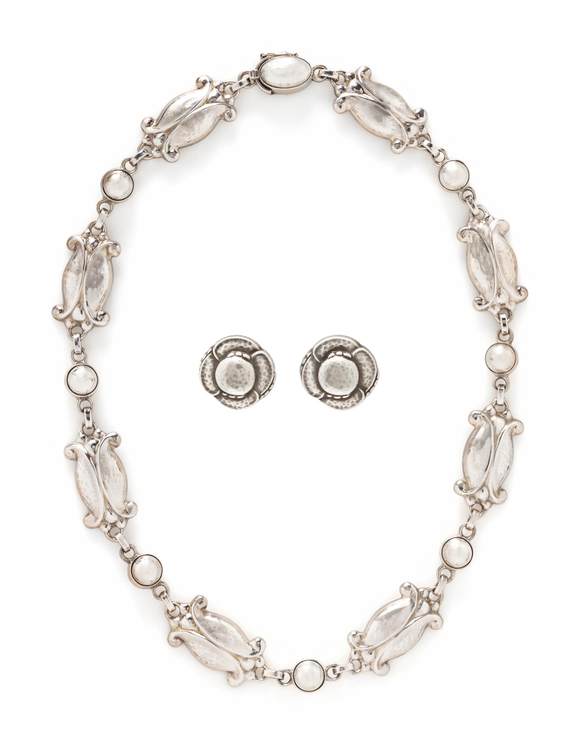 GEORG JENSEN, STERLING SILVER NECKLACE AND CLIP EARRINGS