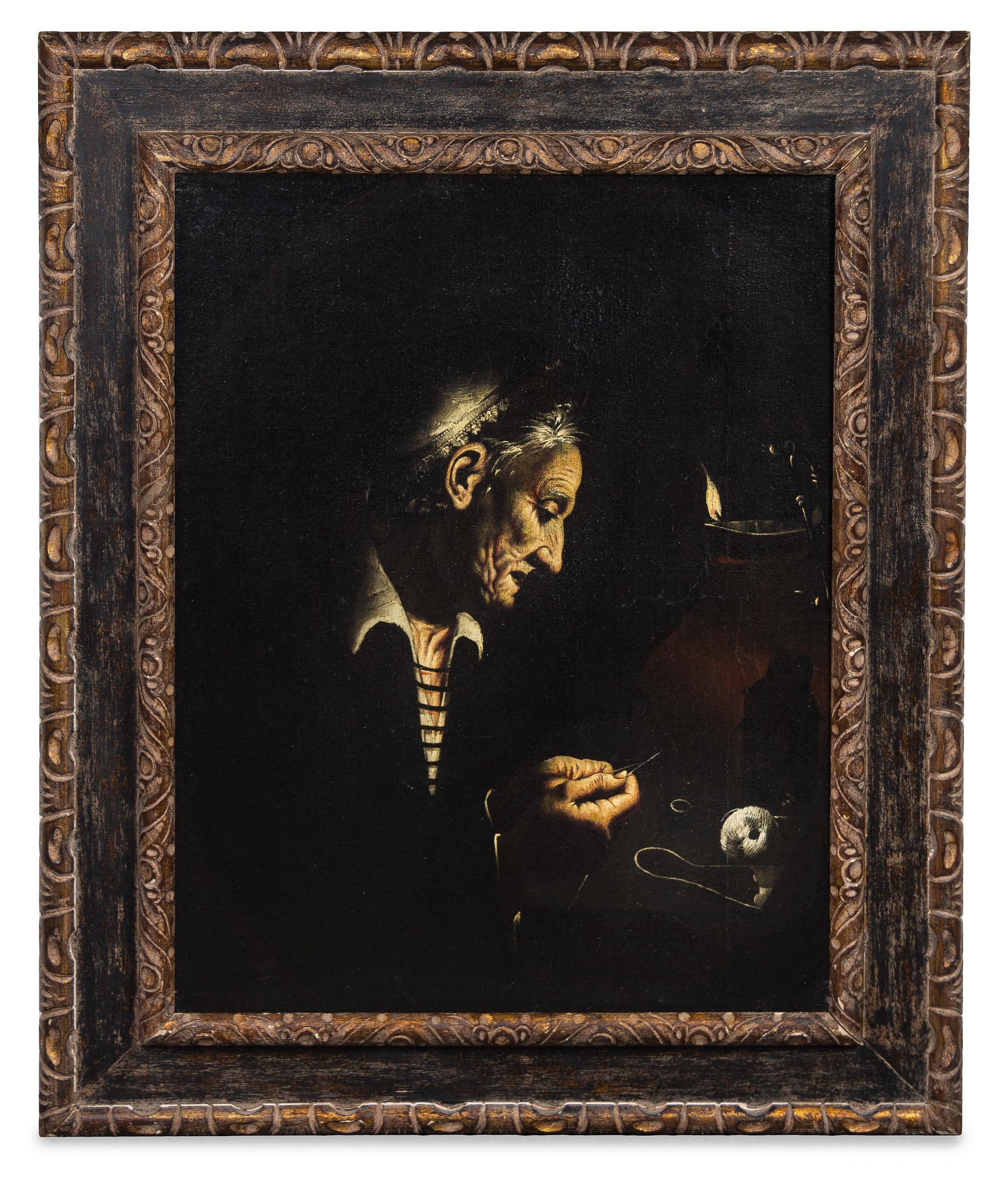 Continental School, (19th/20th Century), Sewing by Candlelight