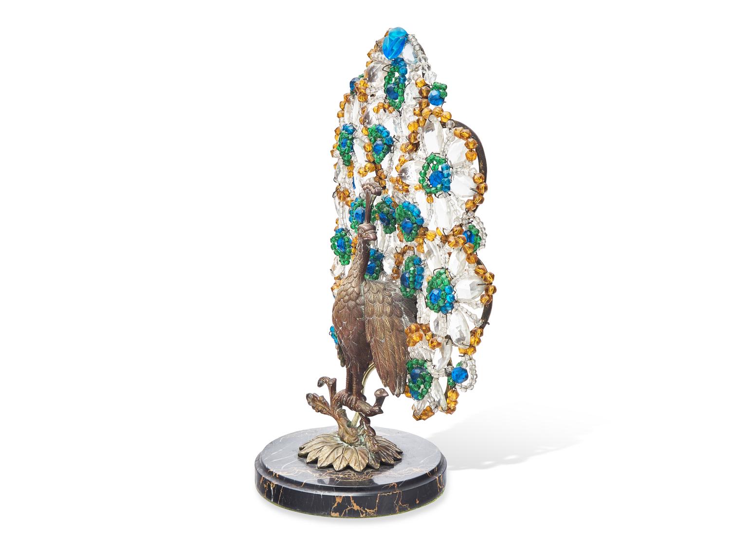 An Art Deco Bronze and Colored Glass Peacock Desk Lamp