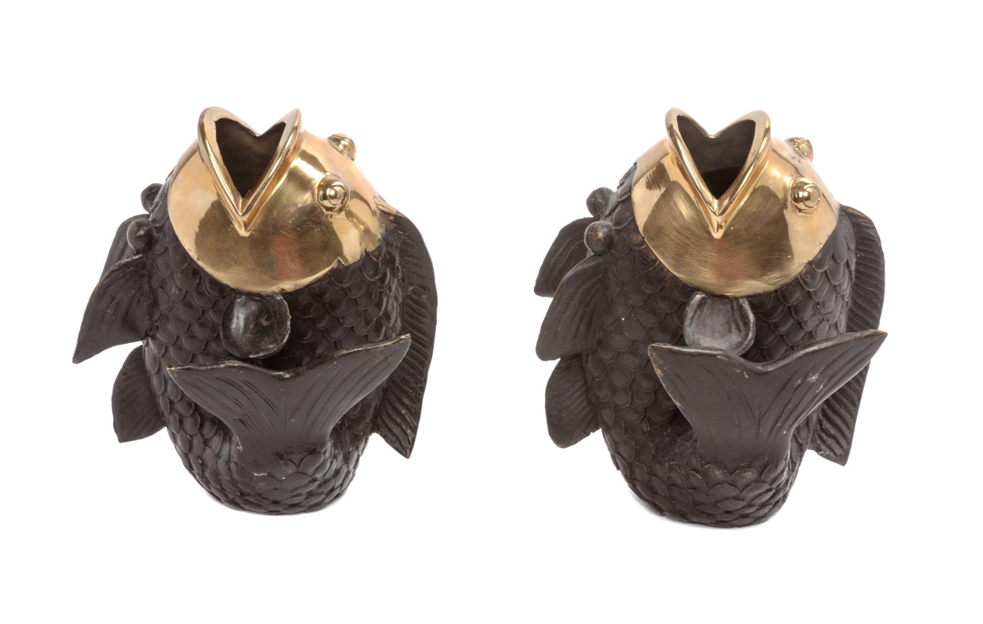 A Pair of Japanese Parcel-Gilt Bronze Figure of Carps Height 5 1/2 inches.