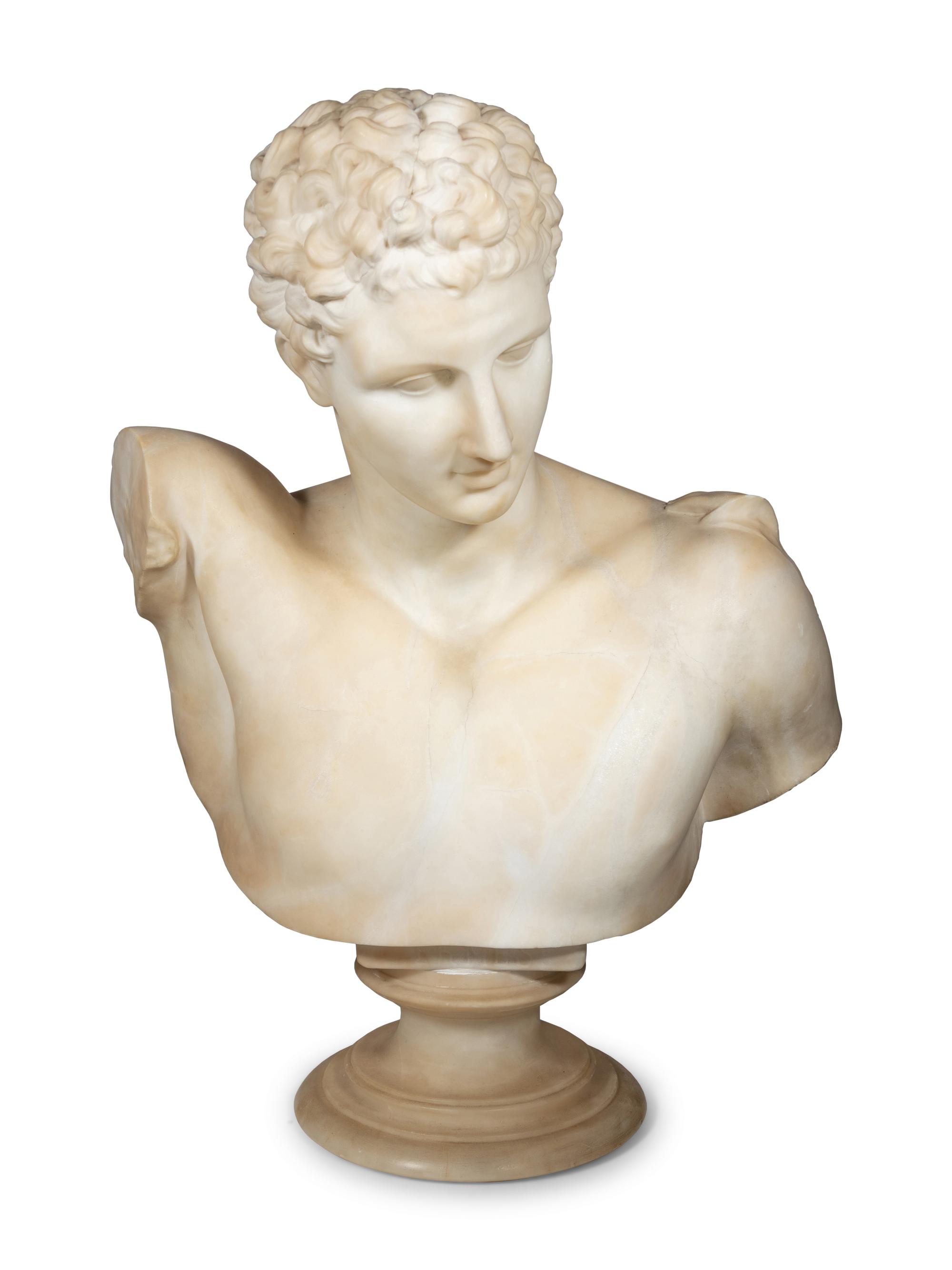 A Carved Alabaster Bust of Hermes of Praxiteles