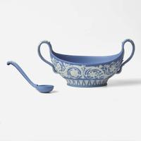 A Wedgwood Solid Blue Jasperware Handled Bowl and Spoon UK, 1780s