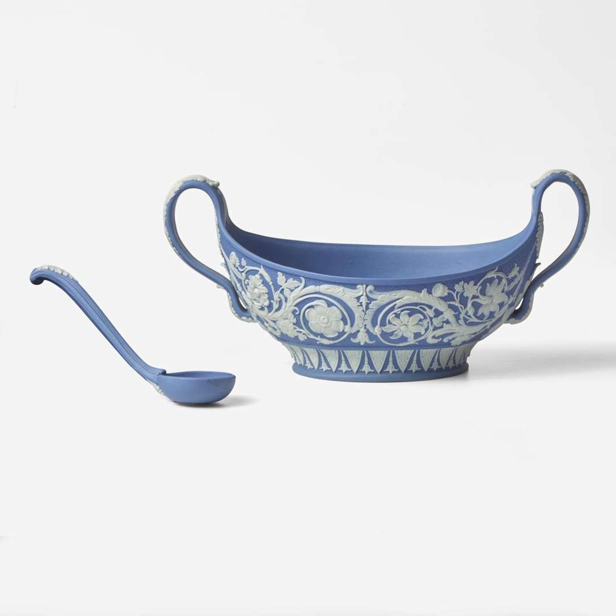 A Wedgwood Solid Blue Jasperware Handled Bowl and Spoon UK, 1780s