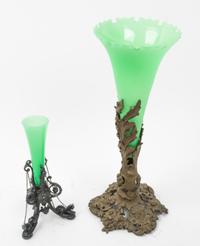 Two Metal Mounted Opaline Glass Trumpet Vases Height of taller 19 3/4 inches. — 20TH CENTURY