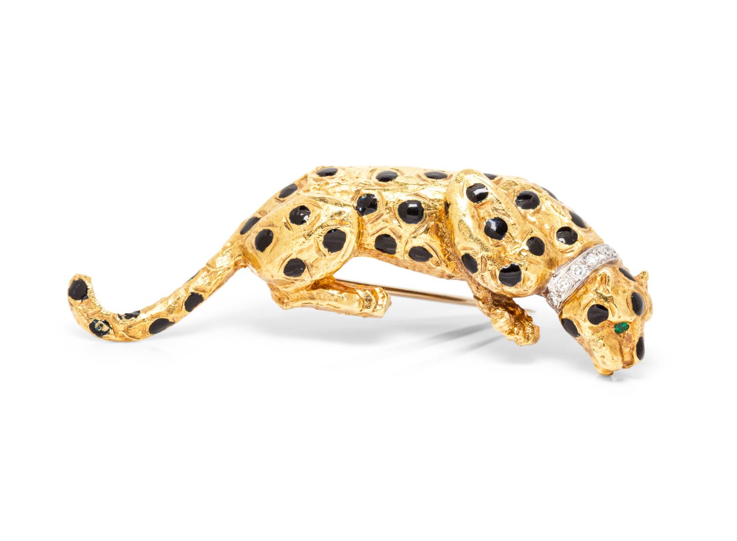 An 18 Karat Yellow Gold, Enamel and Diamond Leopard Brooch, Corletto,