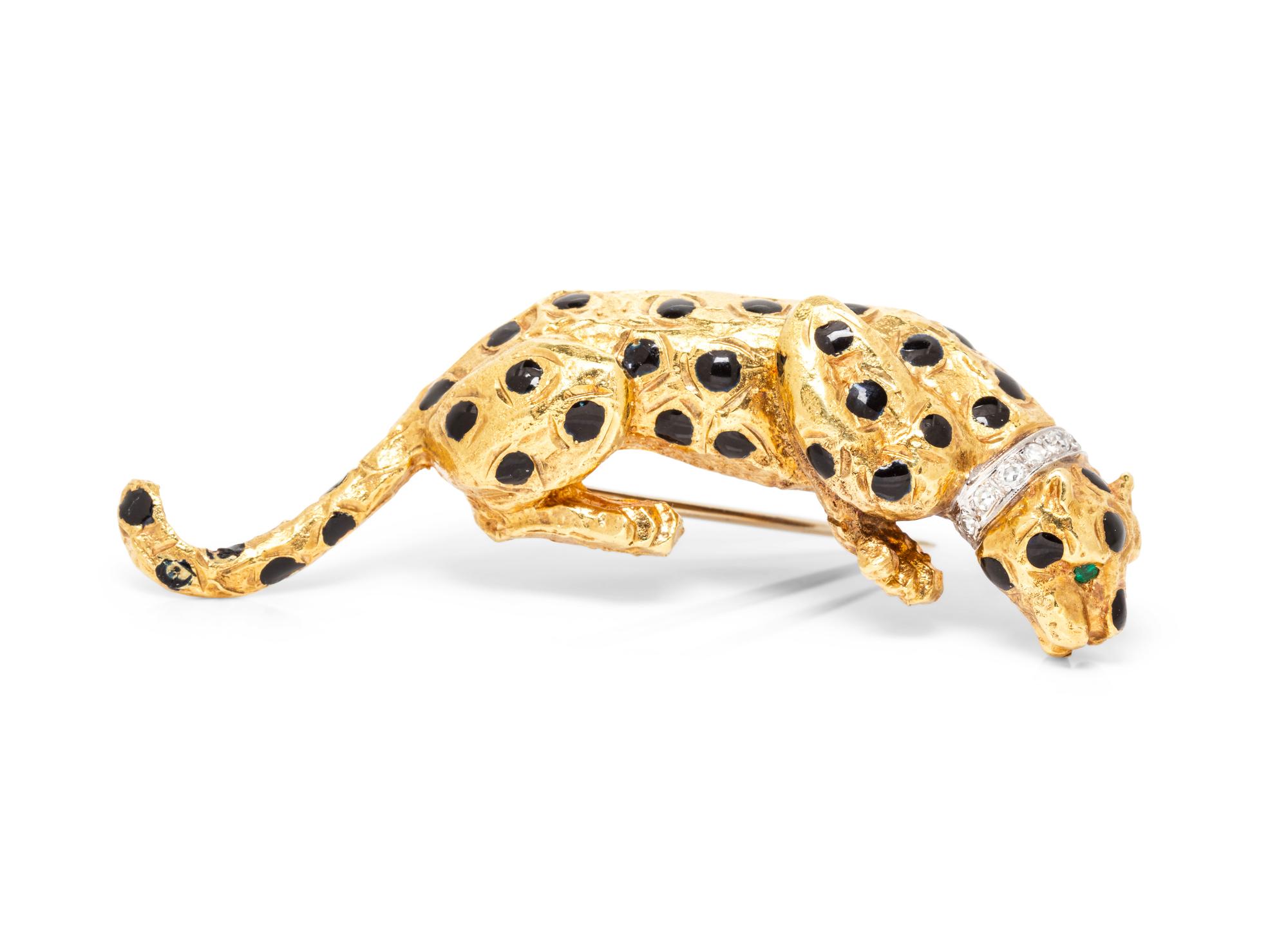 An 18 Karat Yellow Gold, Enamel and Diamond Leopard Brooch, Corletto,