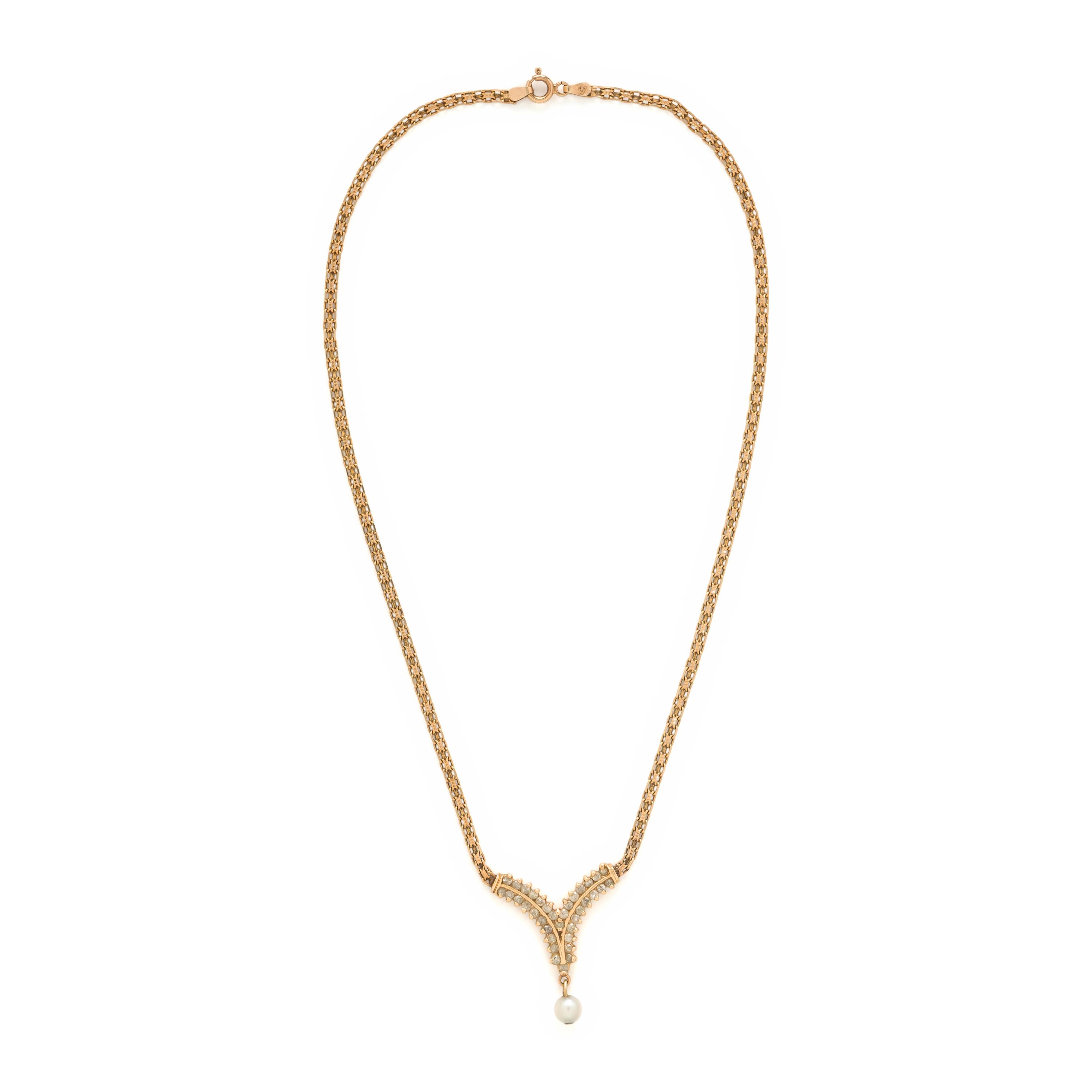 Yellow Gold, Diamond, and Pearl Necklace