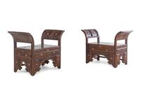 A Pair of Syrian Mother-of-Pearl Inlaid Walnut Benches