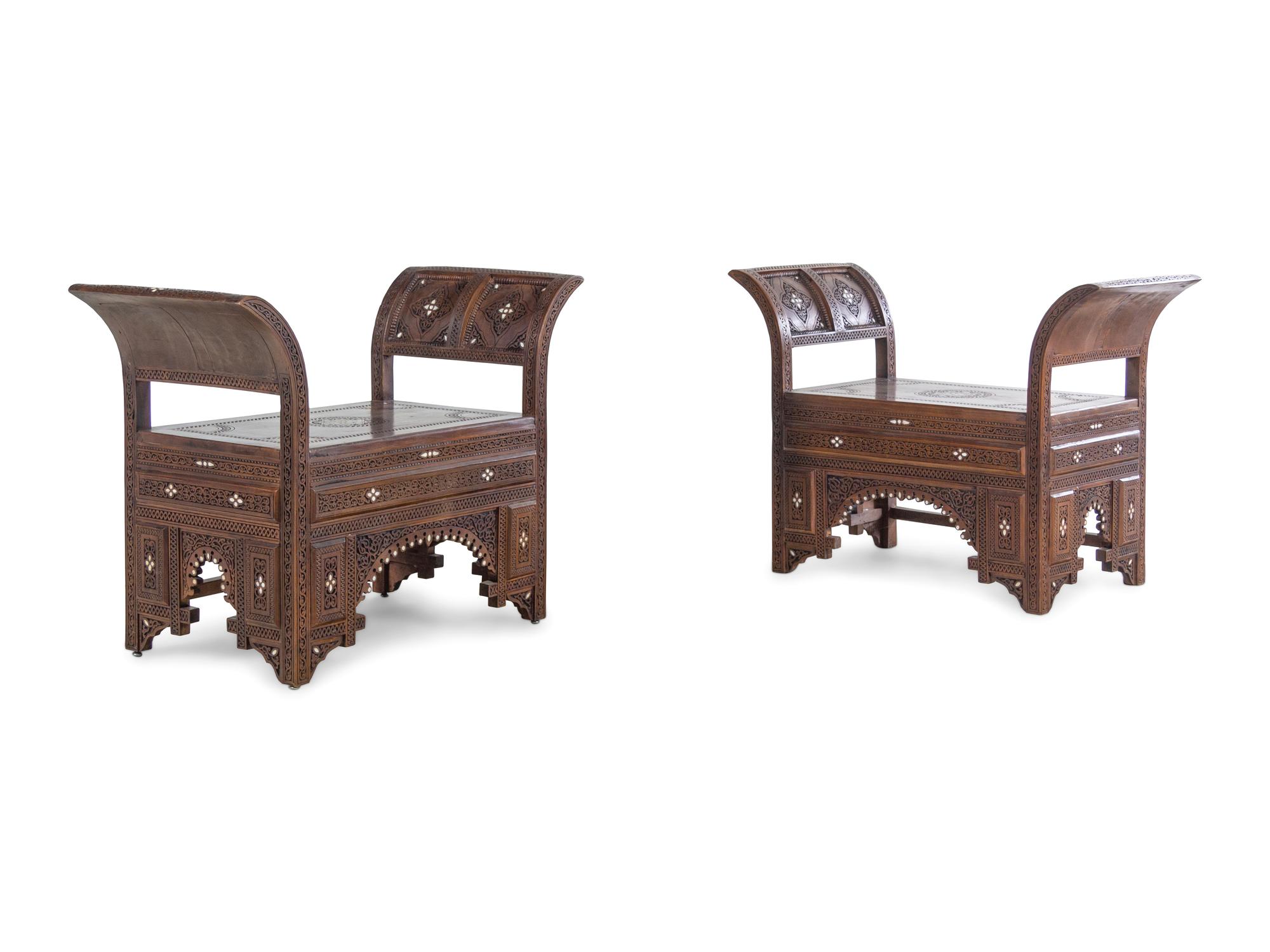A Pair of Syrian Mother-of-Pearl Inlaid Walnut Benches