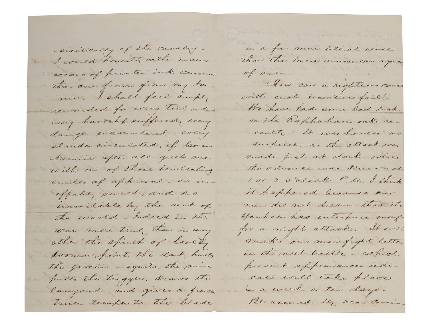 [CIVIL WAR]. STUART, J.E.B. (1833-1864). Autograph letter from Stuart to his cousin Nannie Price. "Camp near Orange C. H." 13 November 1863.