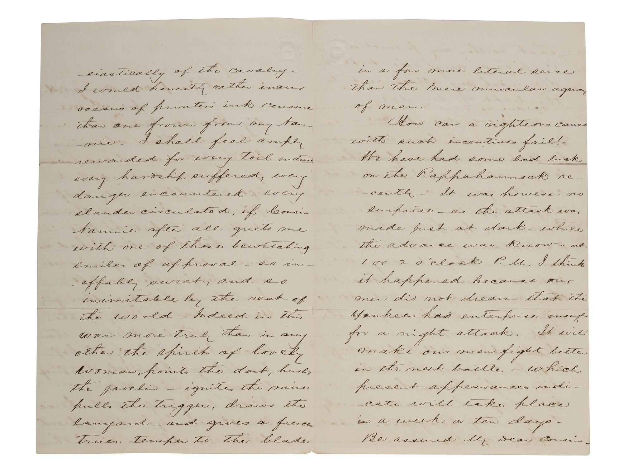 [CIVIL WAR]. STUART, J.E.B. (1833-1864). Autograph letter from Stuart to his cousin Nannie Price. "Camp near Orange C. H." 13 November 1863.