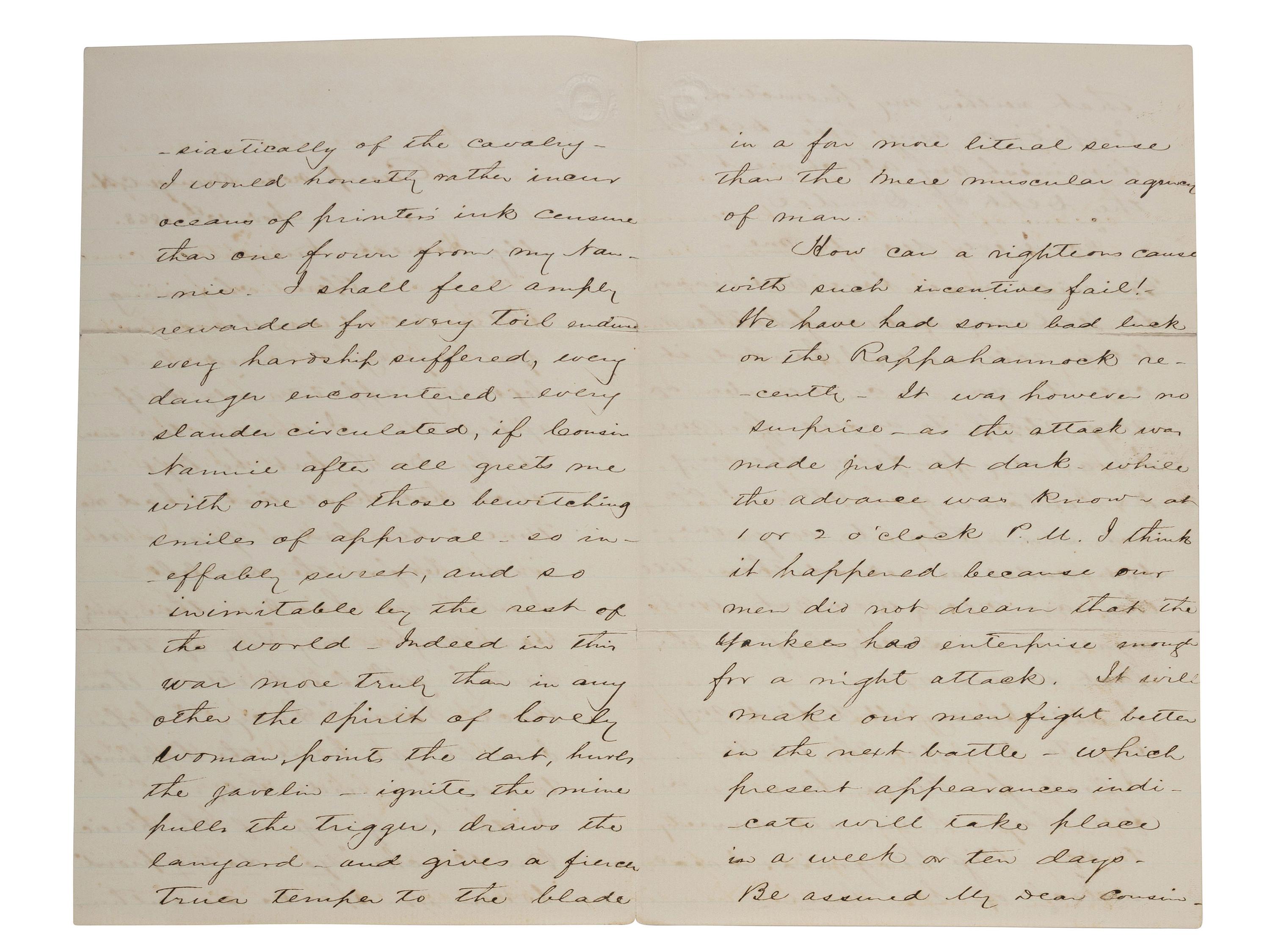 [CIVIL WAR]. STUART, J.E.B. (1833-1864). Autograph letter from Stuart to his cousin Nannie Price. "Camp near Orange C. H." 13 November 1863.