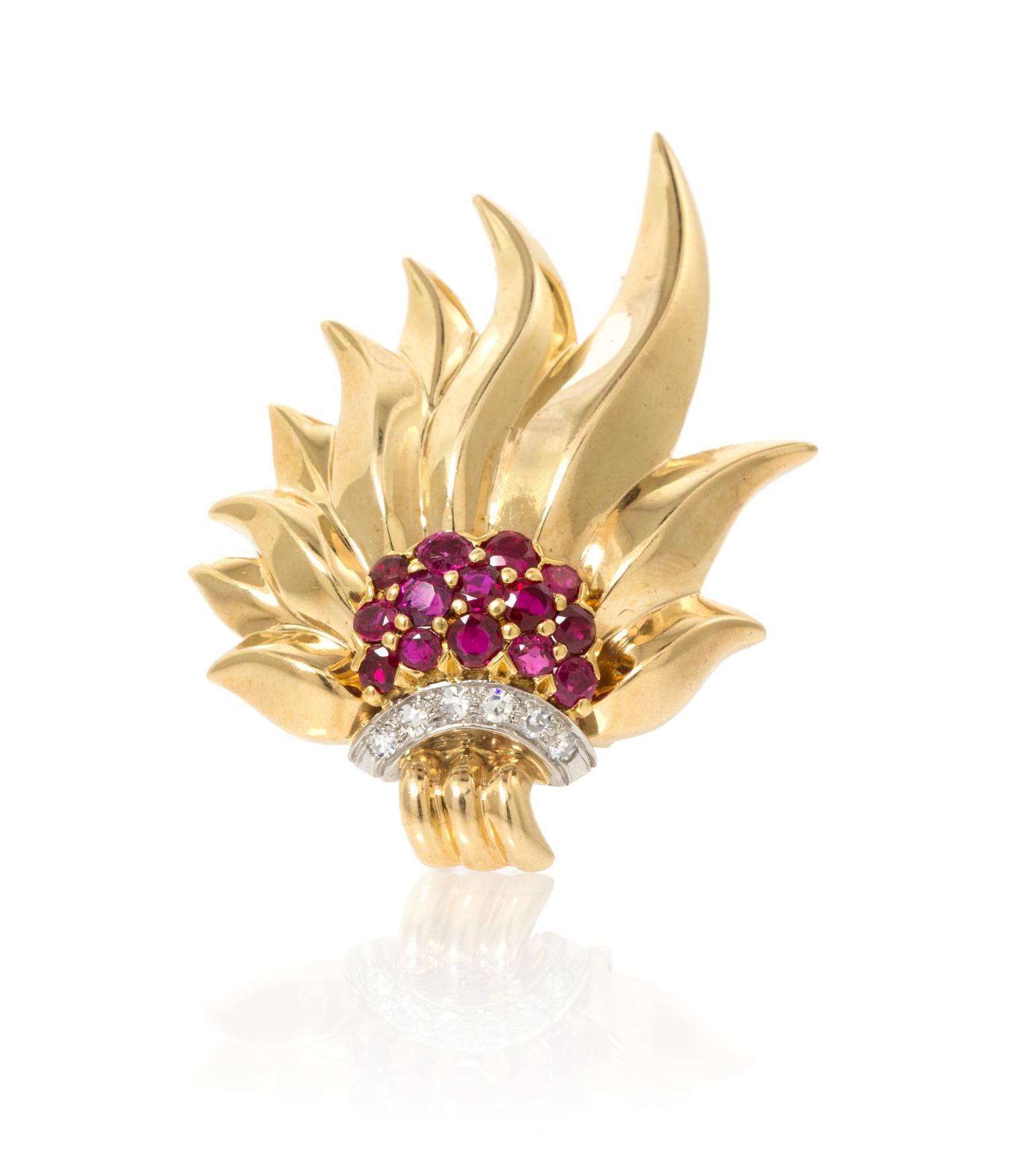 A Retro Yellow Gold, Ruby and Diamond Brooch, 11.60 dwts.