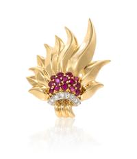 A Retro Yellow Gold, Ruby and Diamond Brooch, 11.60 dwts.