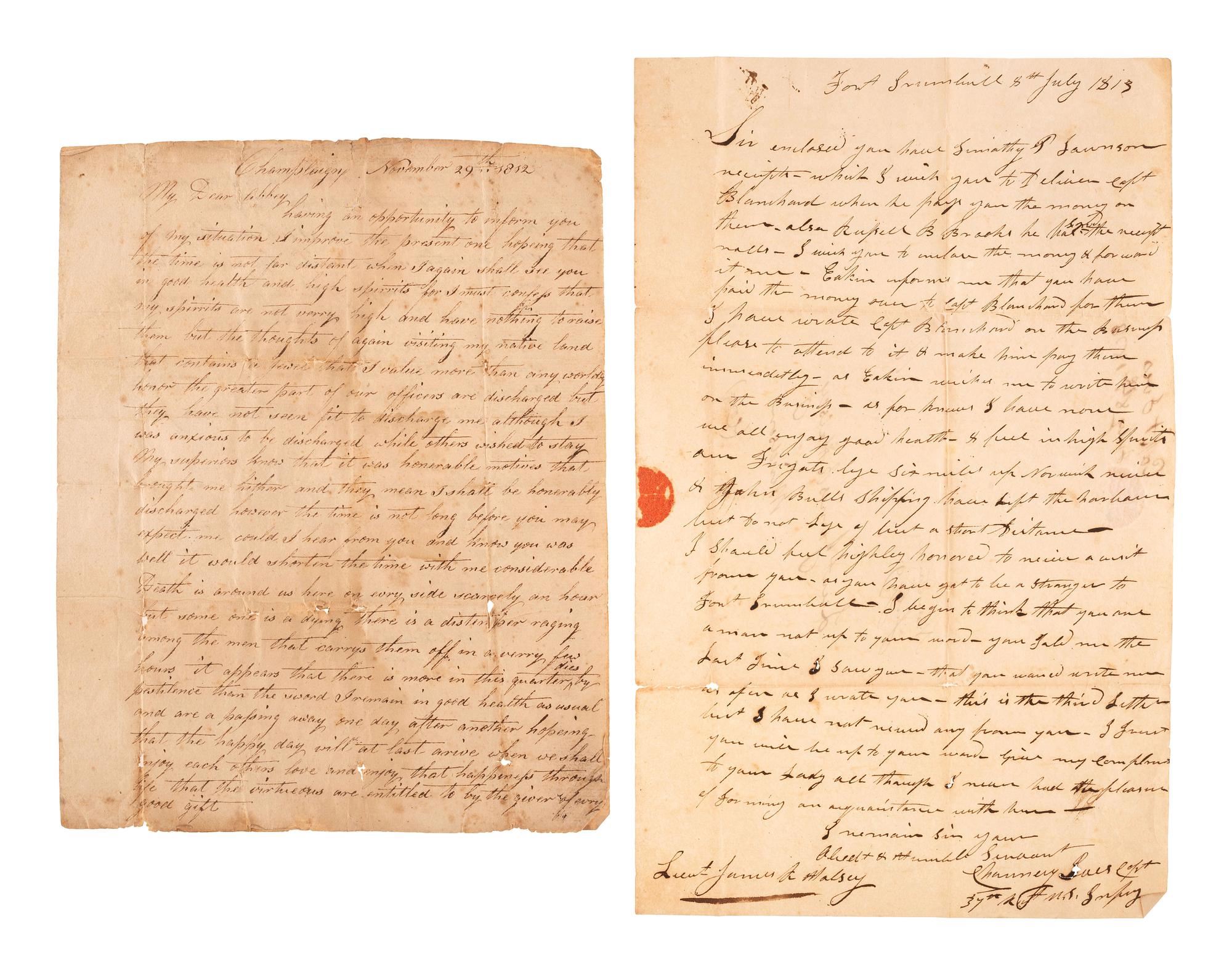 [WAR OF 1812]. Colonel Albert Lockwood's farewell address to his Connecticut regiment as recorded by Barnabas Allen accompanied by two War of 1812 soldiers' letters.