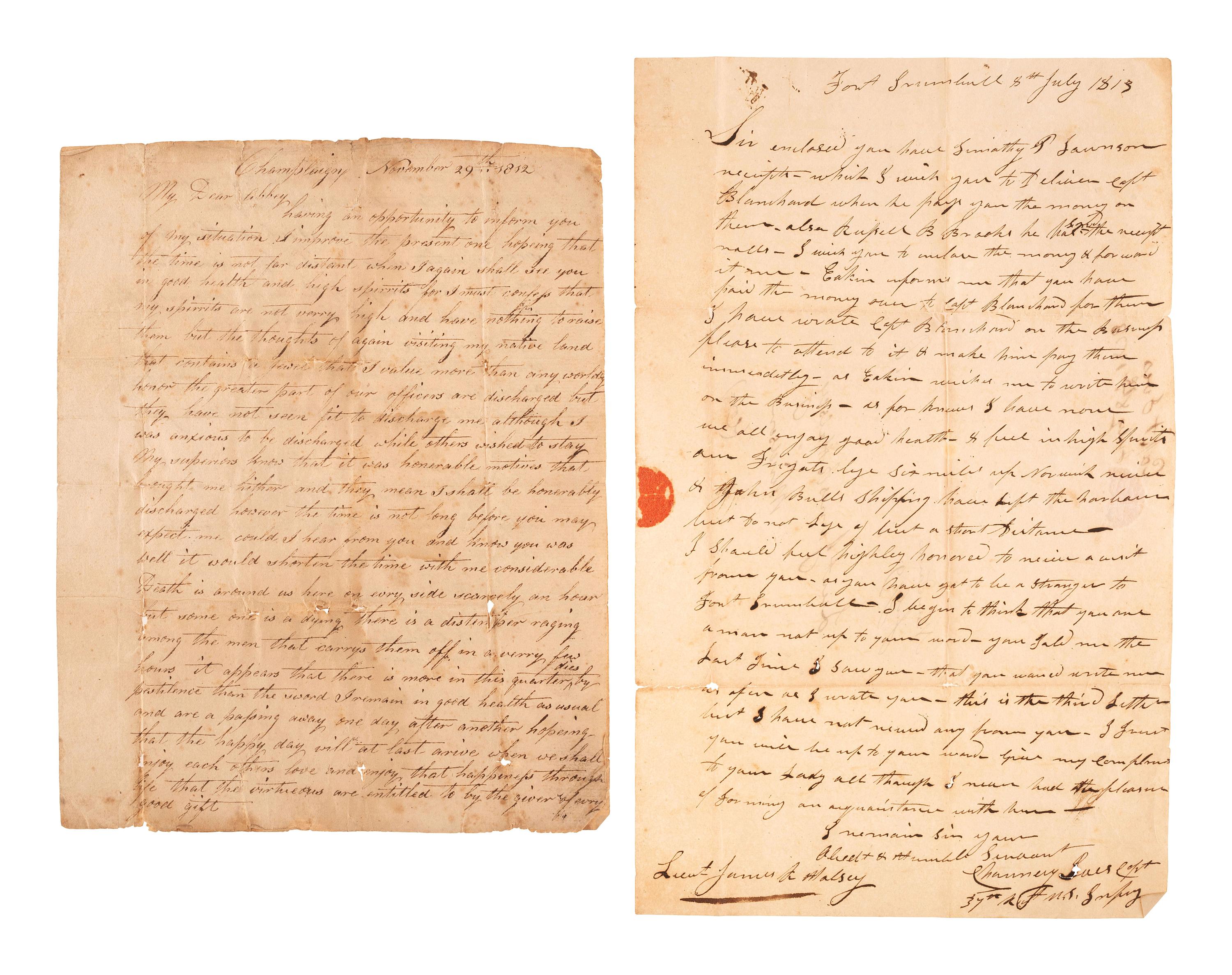 [WAR OF 1812]. Colonel Albert Lockwood's farewell address to his Connecticut regiment as recorded by Barnabas Allen accompanied by two War of 1812 soldiers' letters.