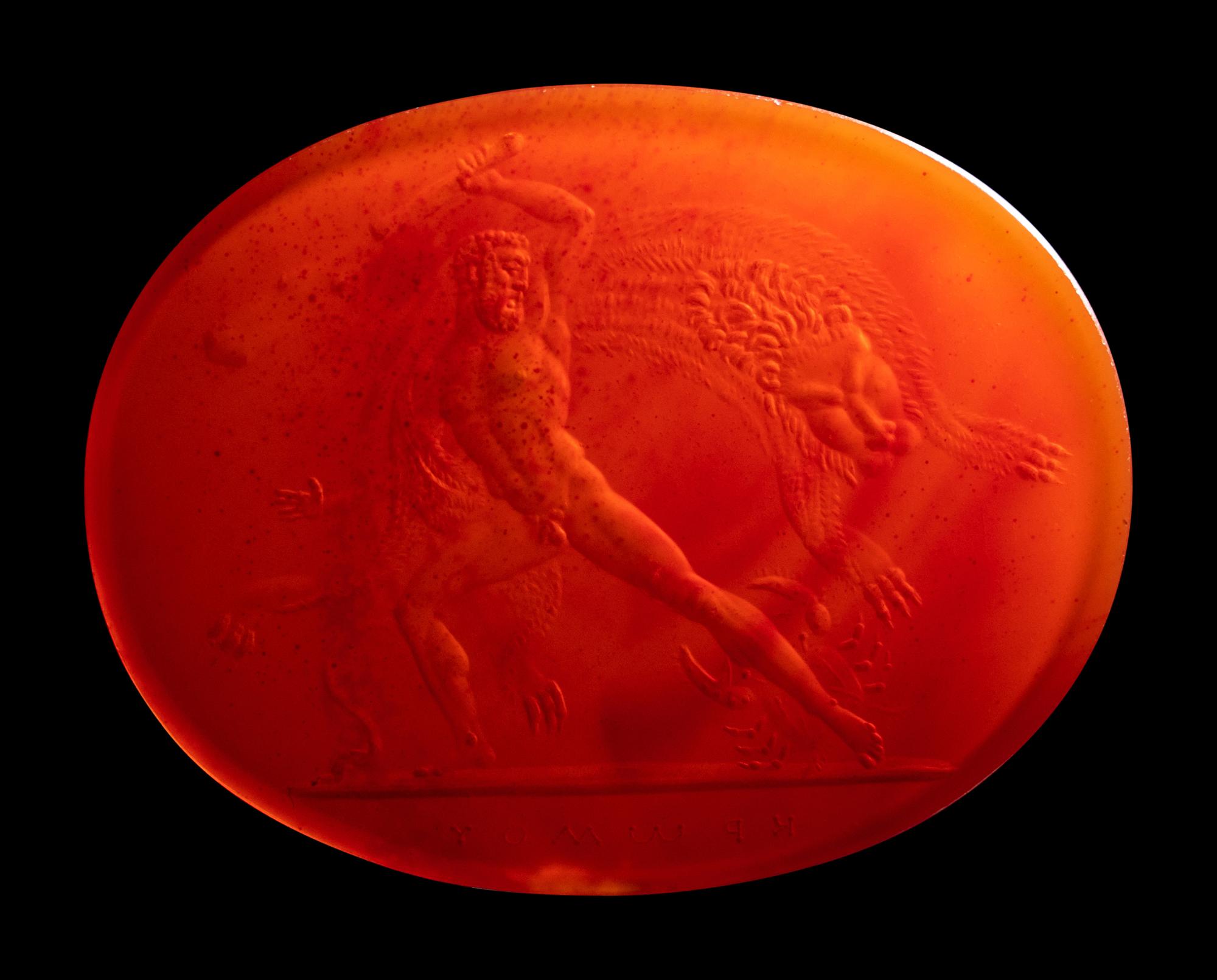 A Neoclassical Carnelian Intaglio with Hercules Being Bitten by a Crab