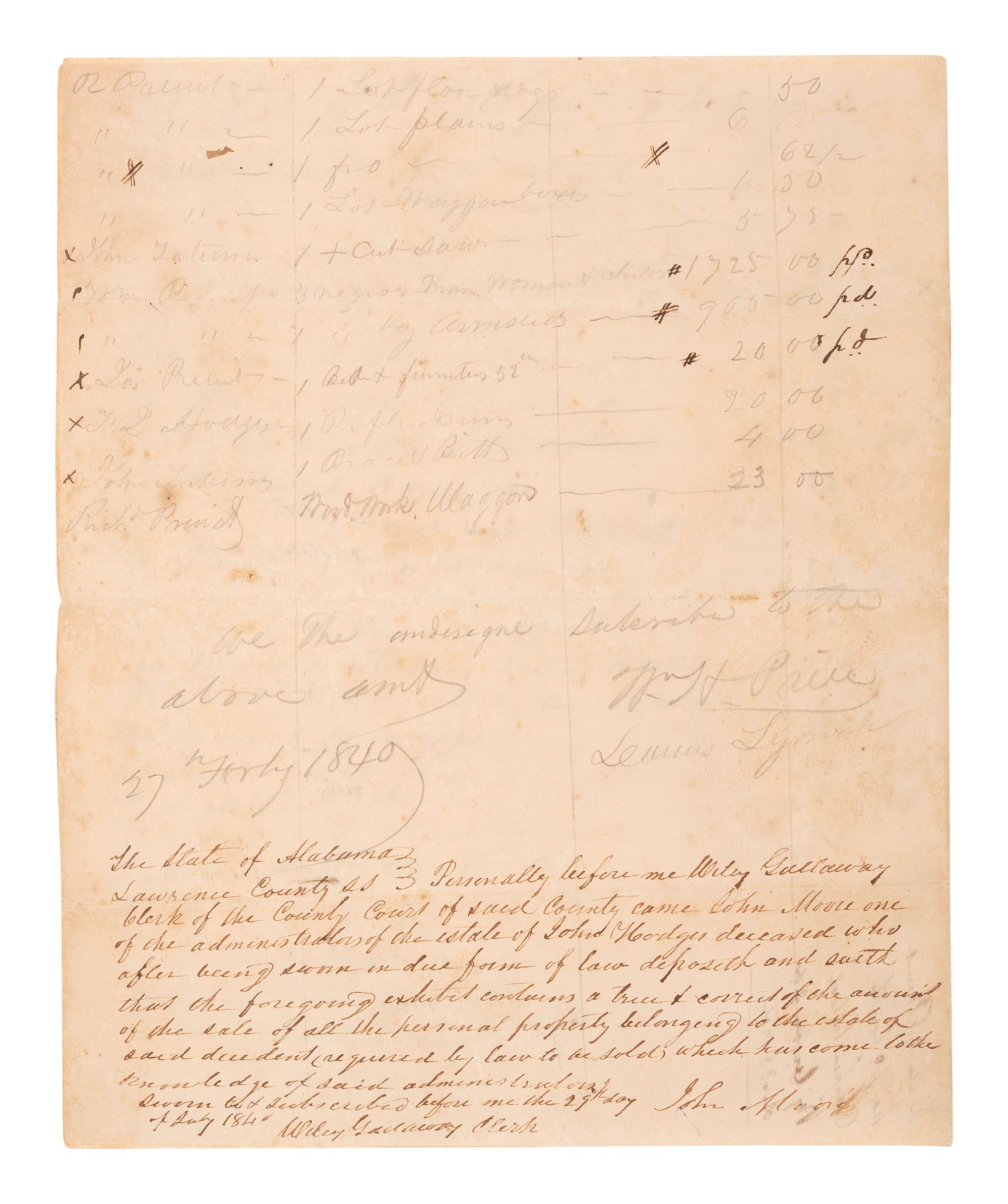 [ENSLAVEMENT & ABOLITION]. Manuscript inventory of property sold from the estate of John Hodges, including enslaved individuals. Lawrence County, Alabama, 24 July 1840.