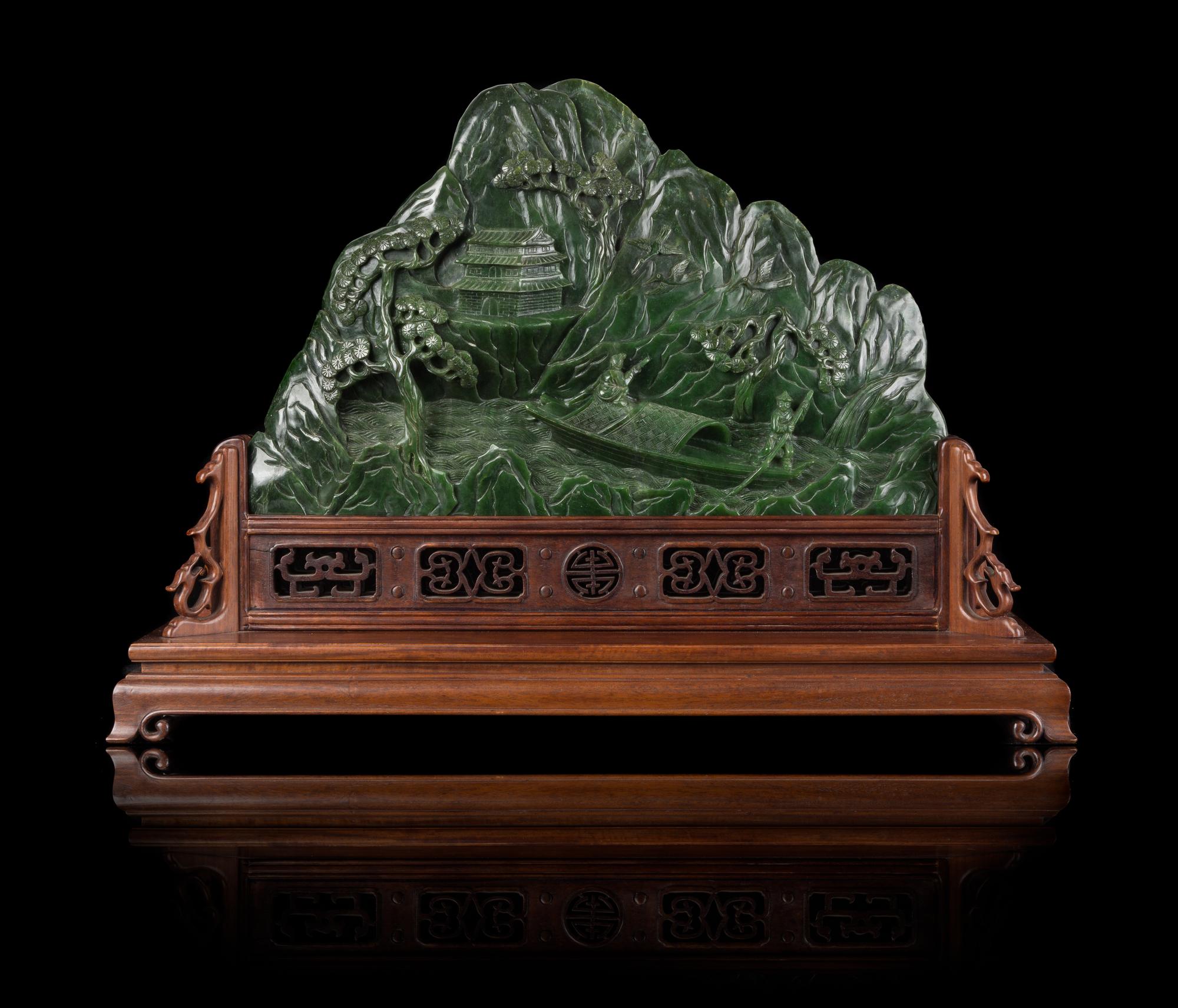 A Massive Spinach Jade Mountain Width 23 inches. — 20TH CENTURY