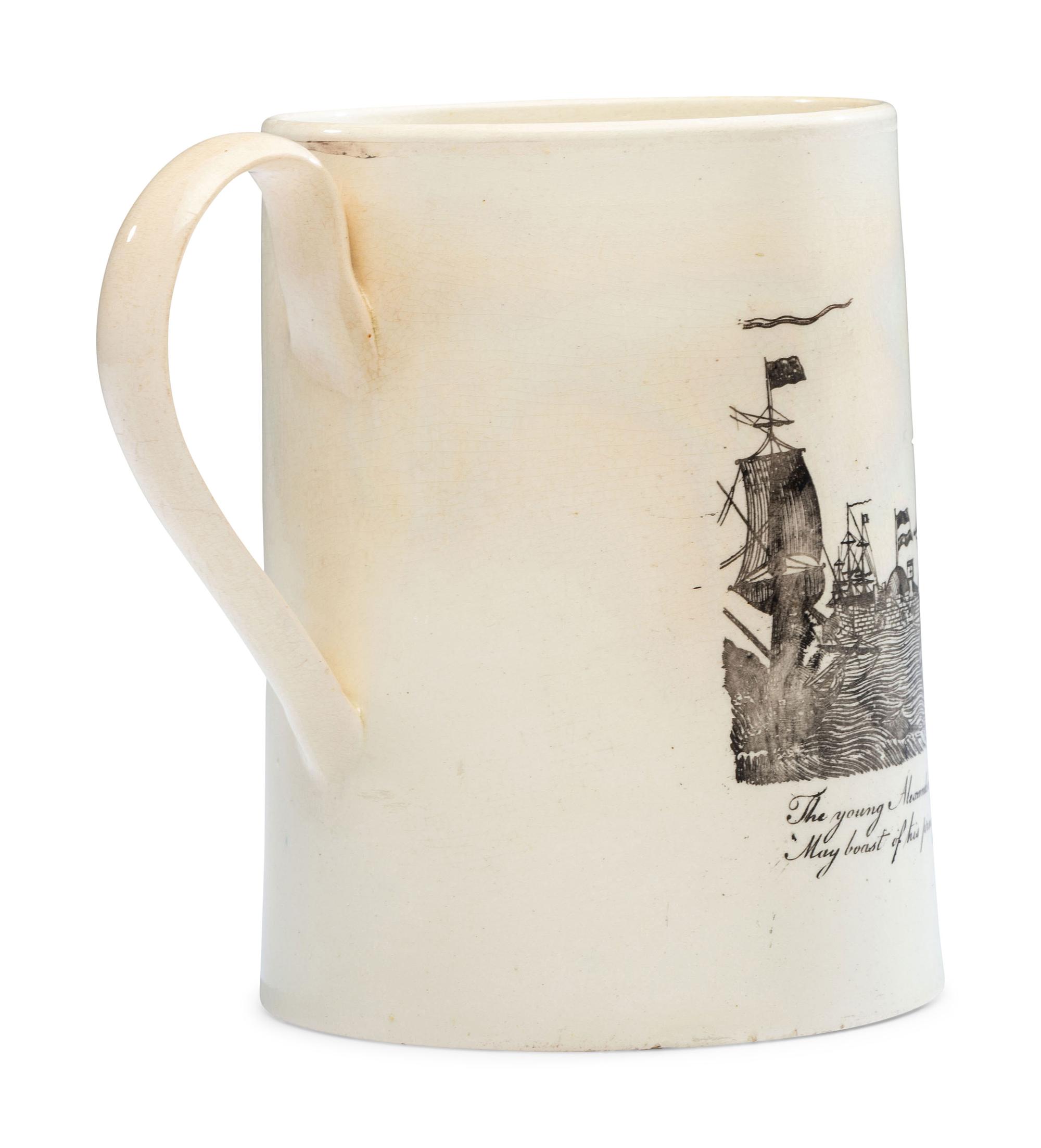 A Creamware Transfer-Printed Tankard with Naval Battle Scene