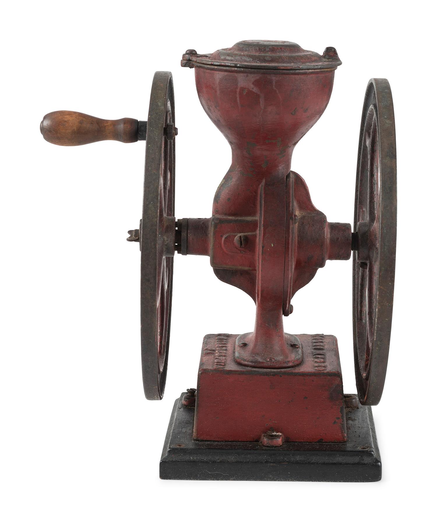 A Coles Manufacturing Cast Iron Double-Wheeled Coffee Grinder