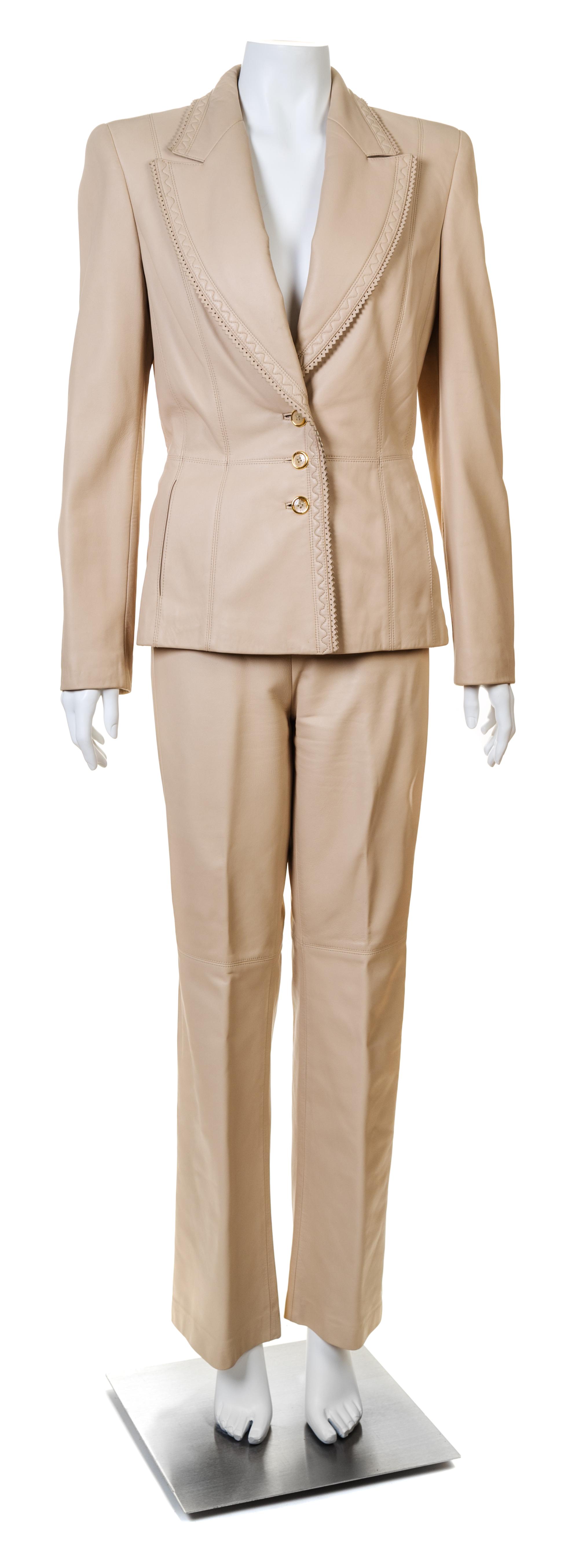 An Escada Cream Leather Pant Suit, Jacket size 38, Pants no size.