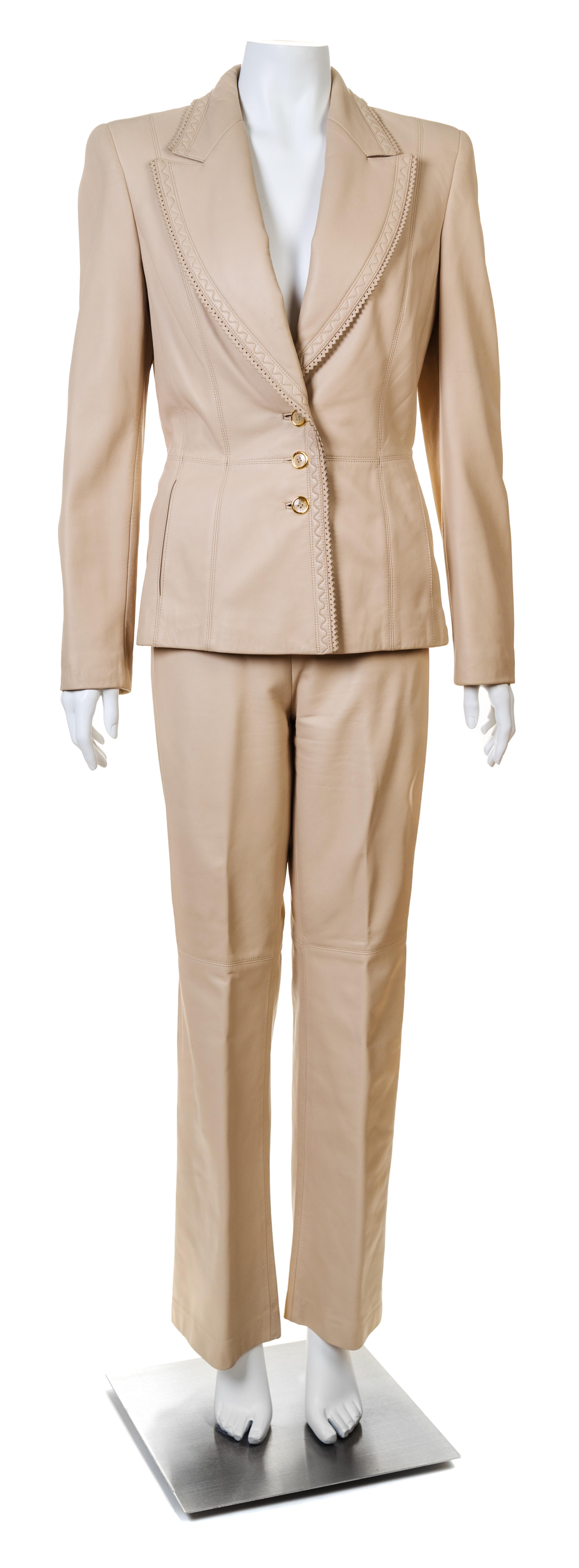 An Escada Cream Leather Pant Suit, Jacket size 38, Pants no size.