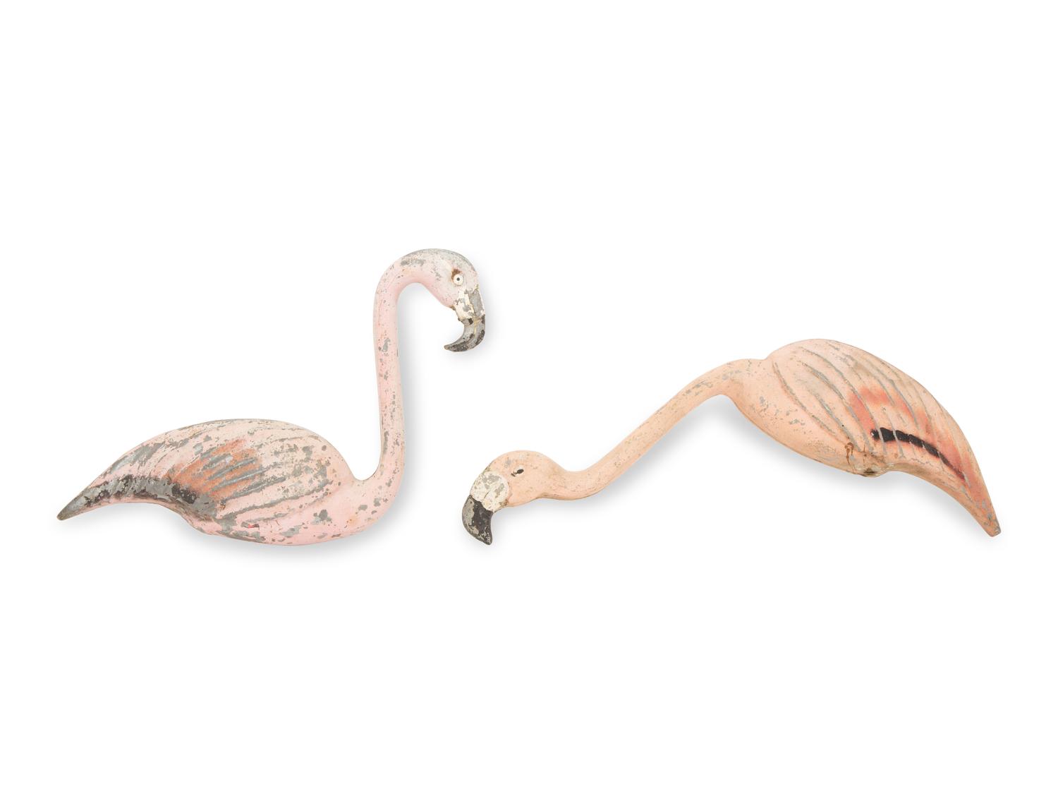 A Tole Peint Model of Two Flamingos and a Glazed Earthenware Model of a Flamingo