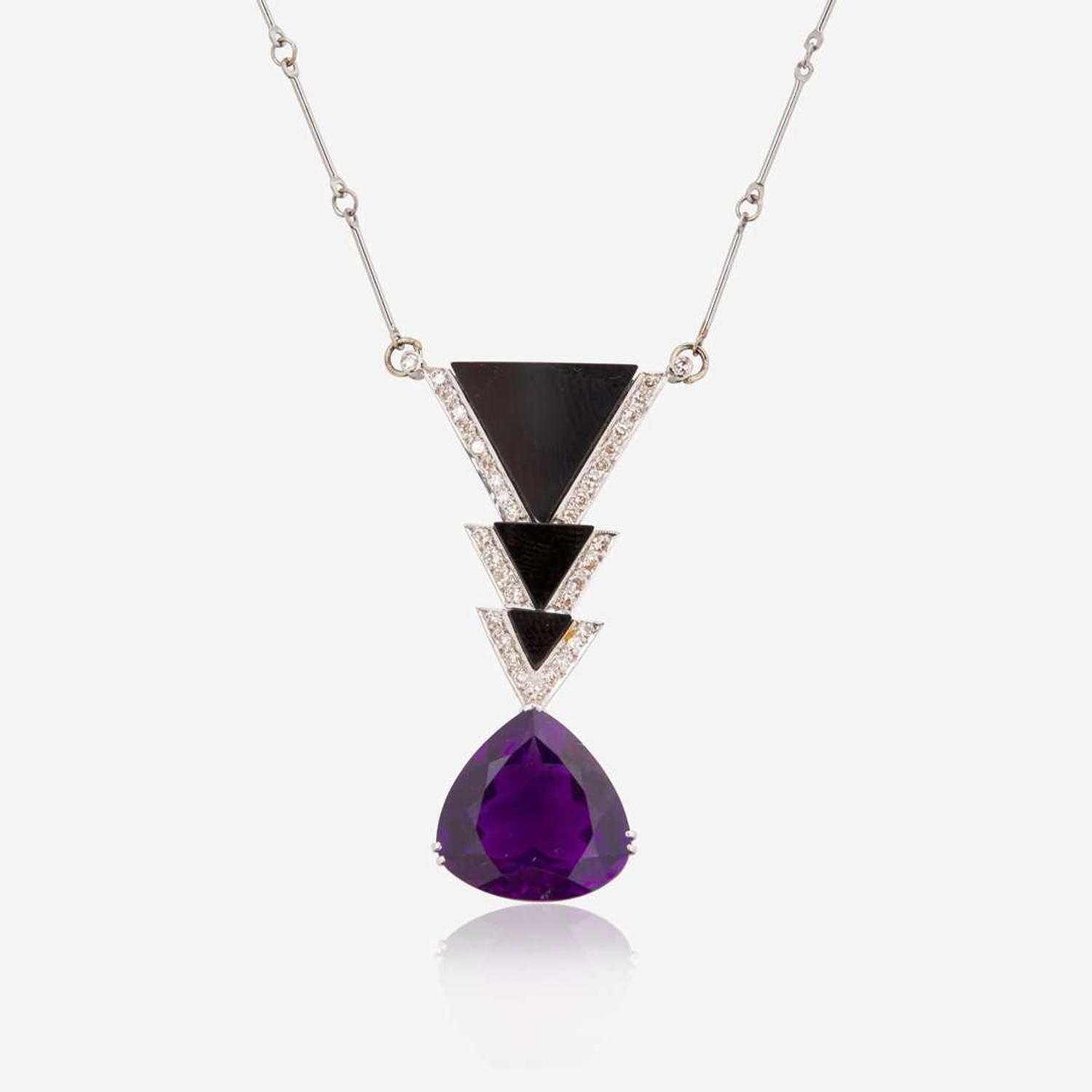 A White Gold, Diamond, Onyx, and Amethyst Necklace