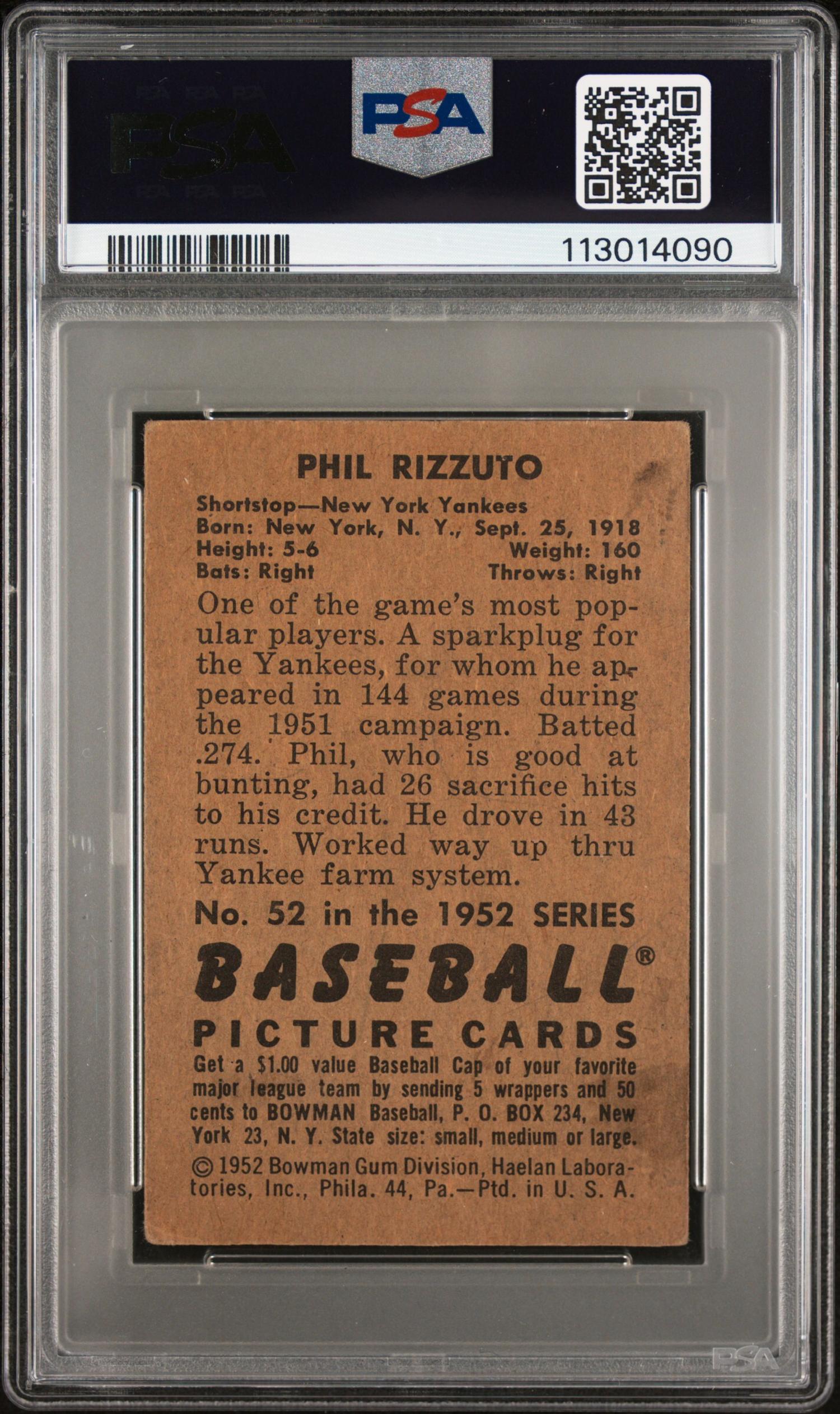 A 1952 Bowman Phil Rizzuto Signed Autograph Baseball Card No. 52 (PSA Authentic)