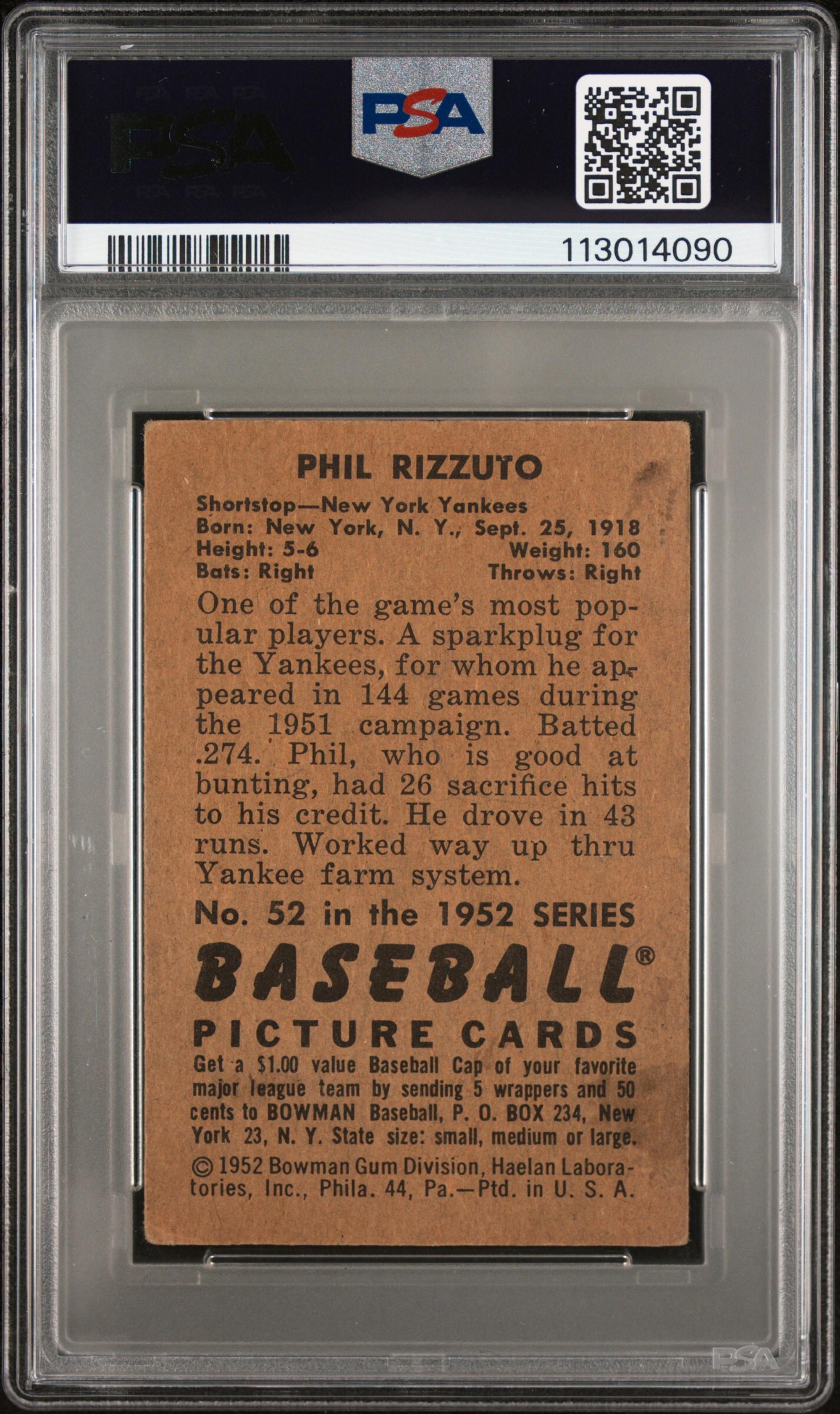 A 1952 Bowman Phil Rizzuto Signed Autograph Baseball Card No. 52 (PSA Authentic)