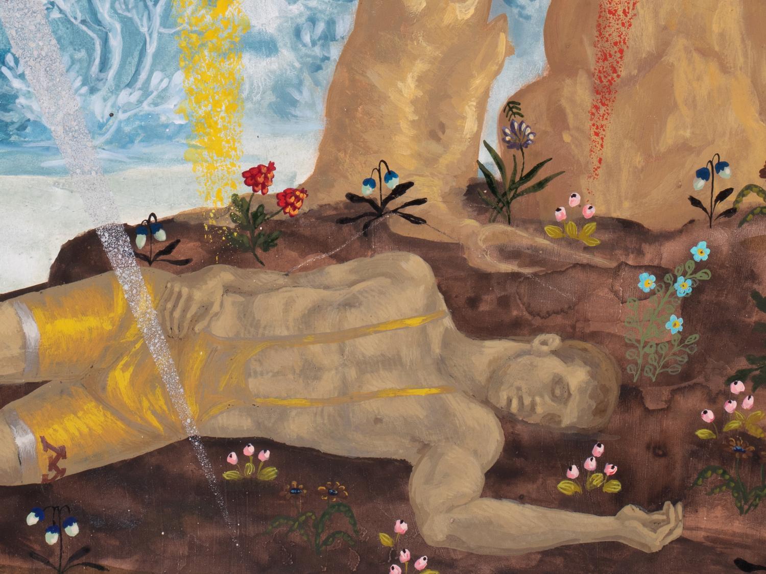 Sleeping Mother, Man with Lazar Beams, after Poussin's Narcissus